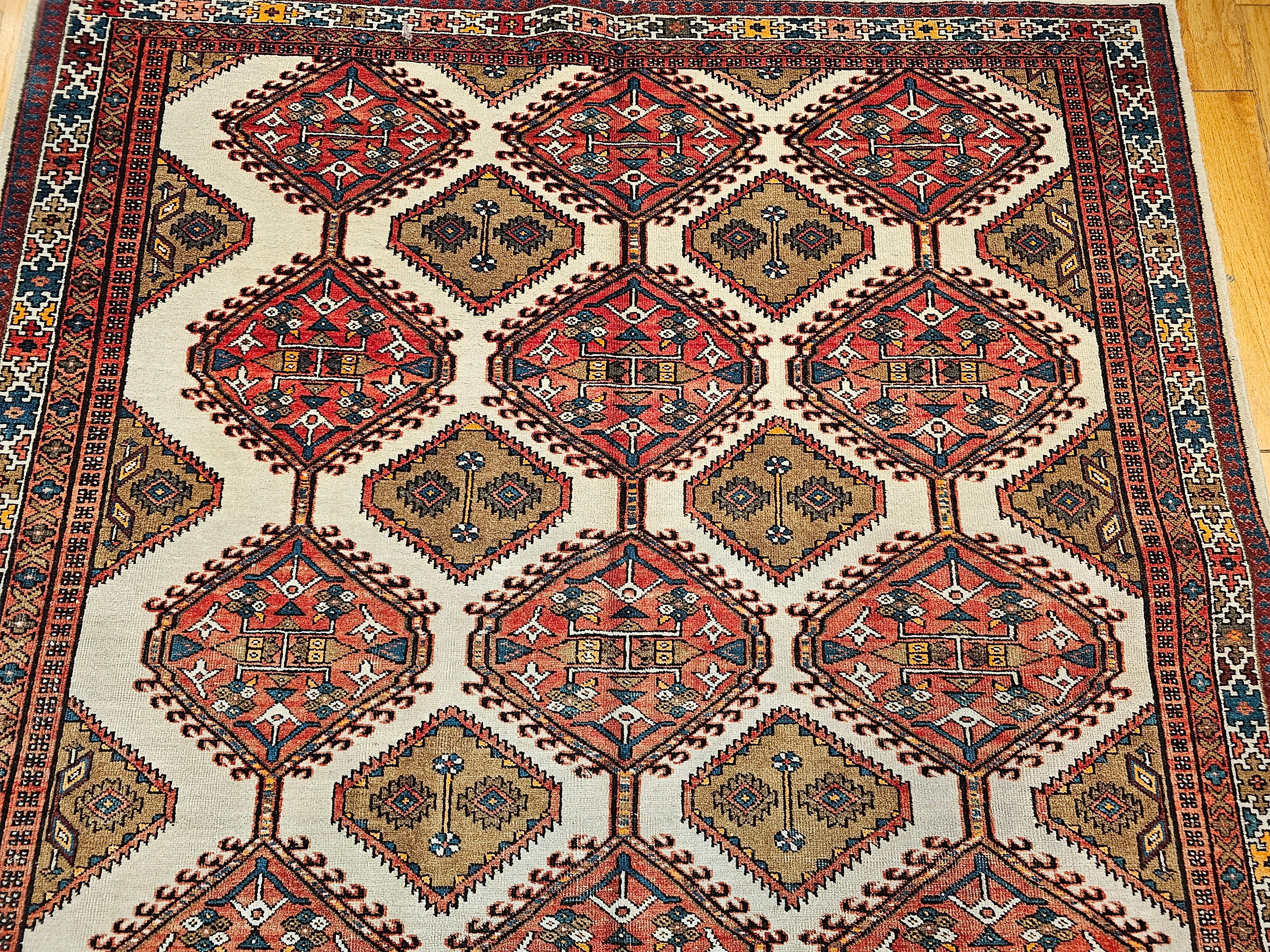 20th Century Vintage Persian Malayer in All-Over Pattern in Ivory, Camelhair, Red, Green For Sale
