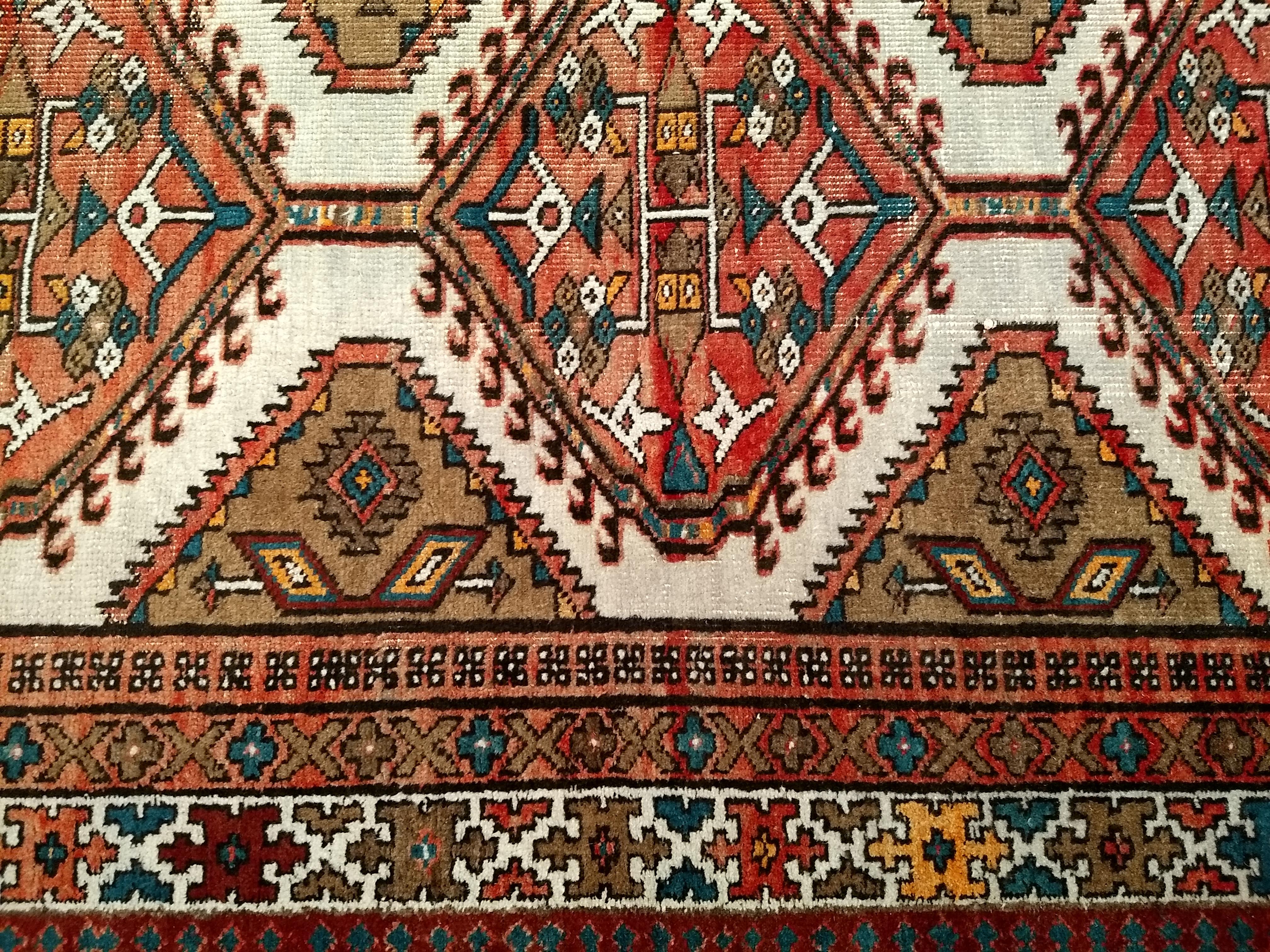 Wool Vintage Persian Malayer in All-Over Pattern in Ivory, Camelhair, Red, Green For Sale