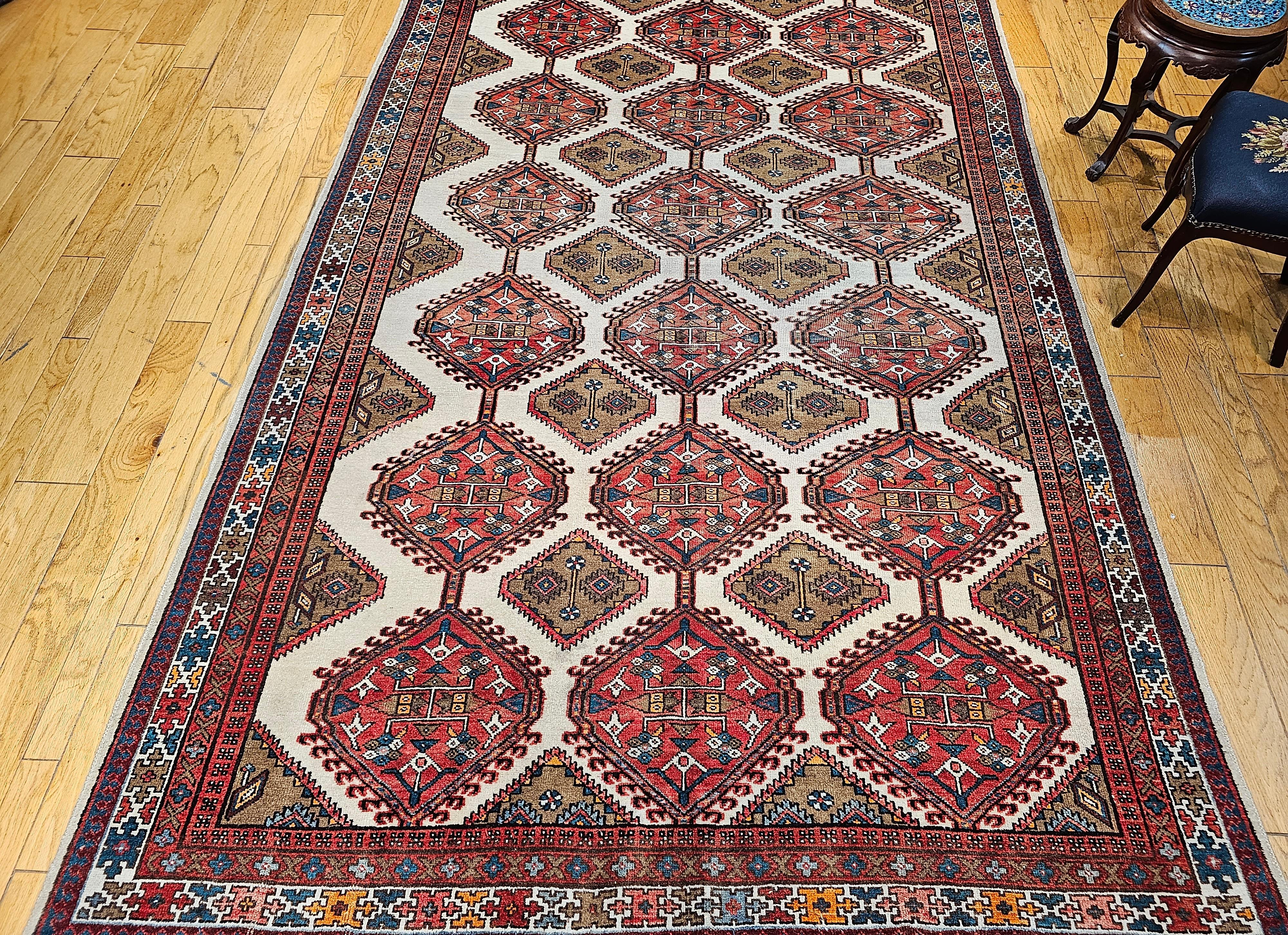 Vintage Persian Malayer in All-Over Pattern in Ivory, Camelhair, Red, Green For Sale 2