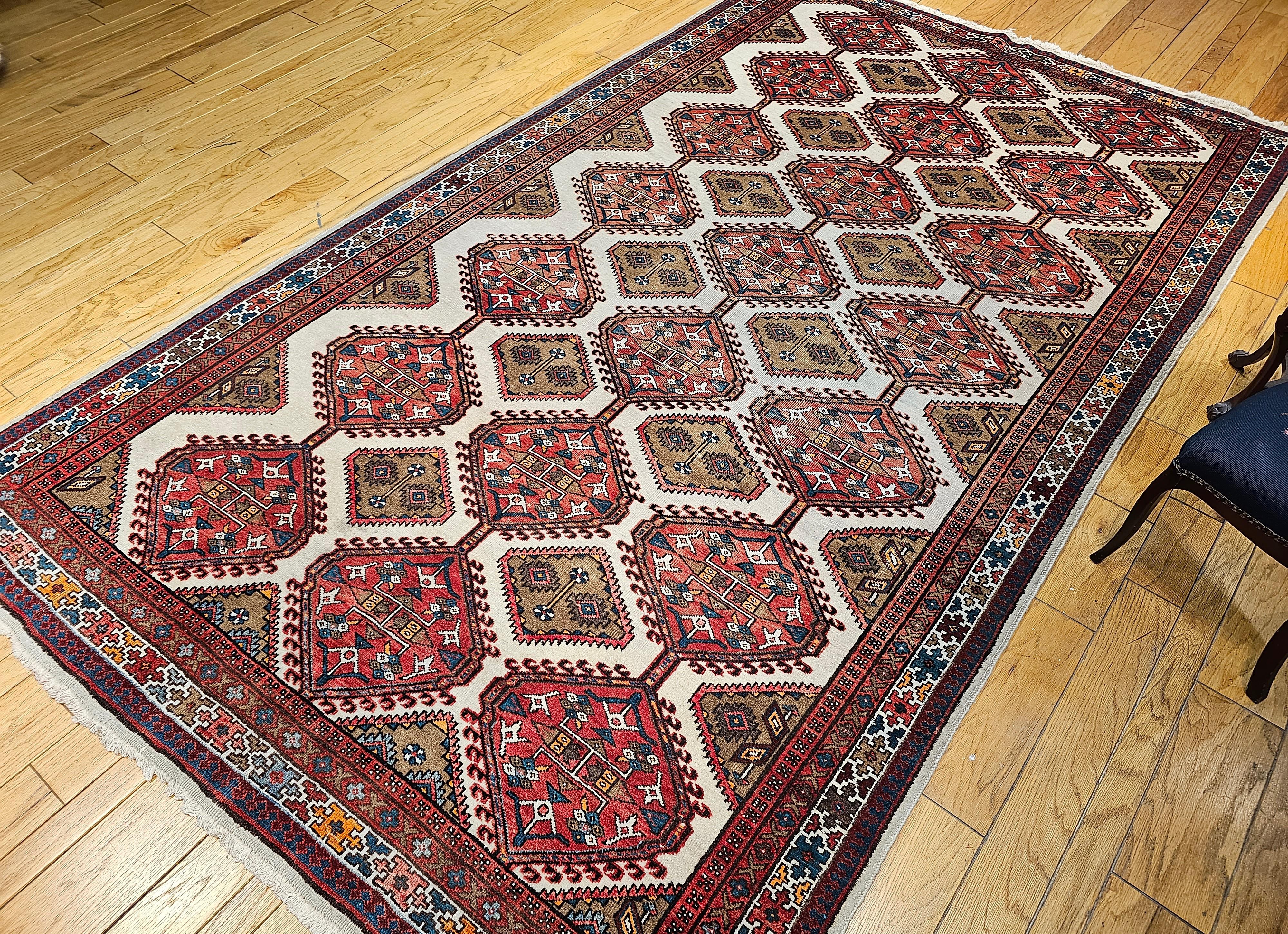Vintage Persian Malayer in All-Over Pattern in Ivory, Camelhair, Red, Green For Sale 3