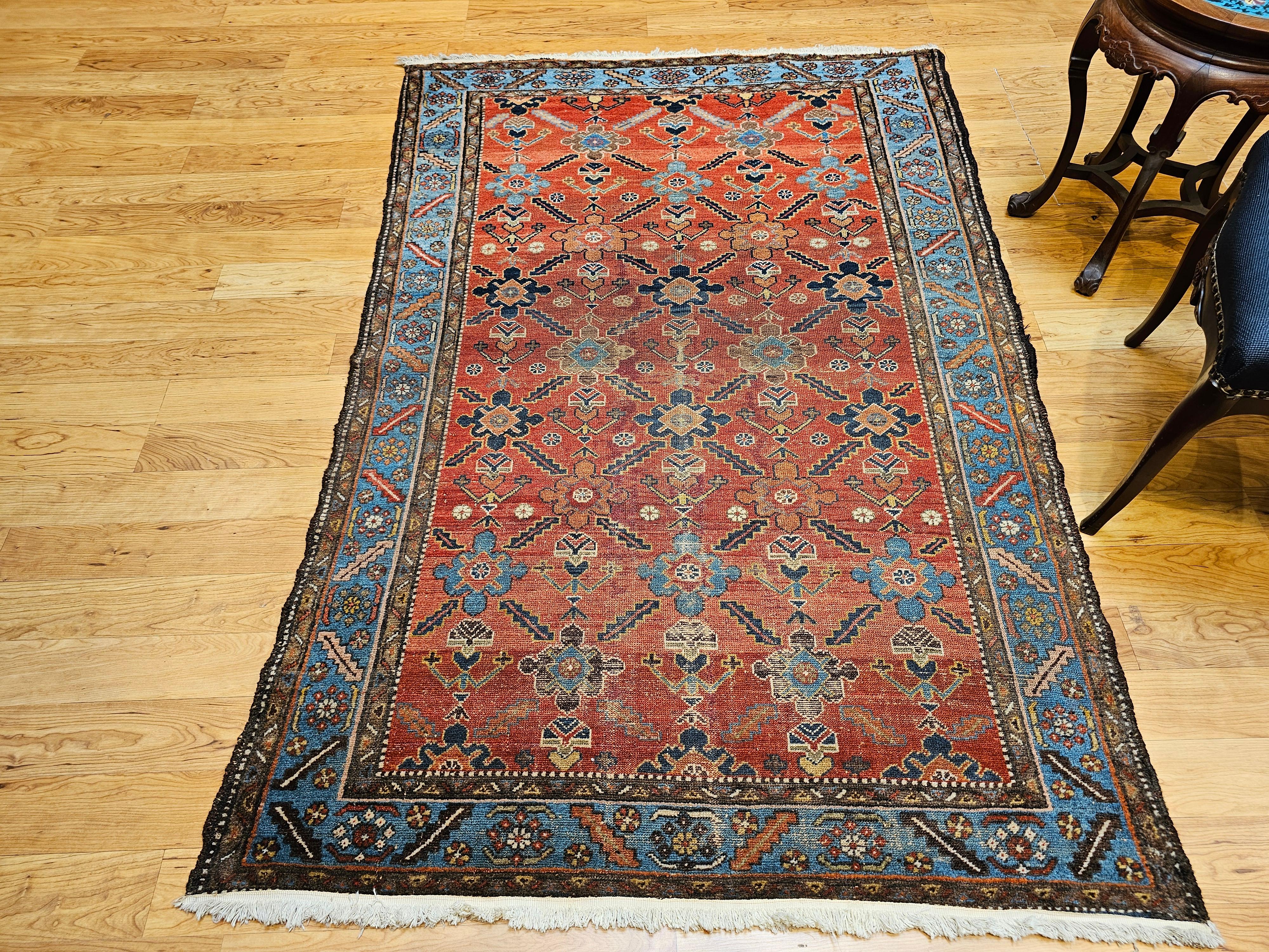 Vintage Persian Malayer in All Over Geometric Pattern in Rust, Persian Blue For Sale 4