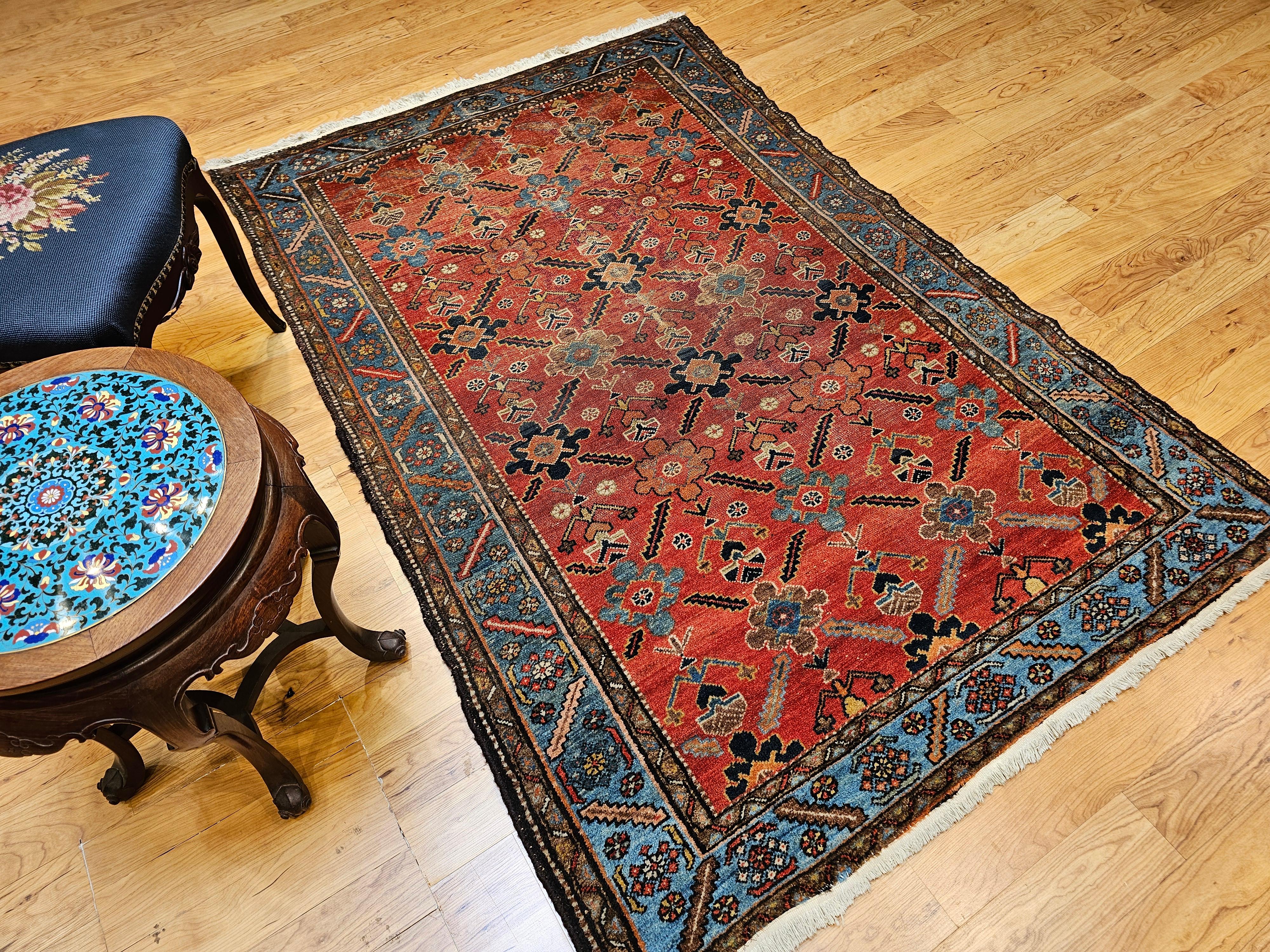 Vintage Persian Malayer in All Over Geometric Pattern in Rust, Persian Blue For Sale 6