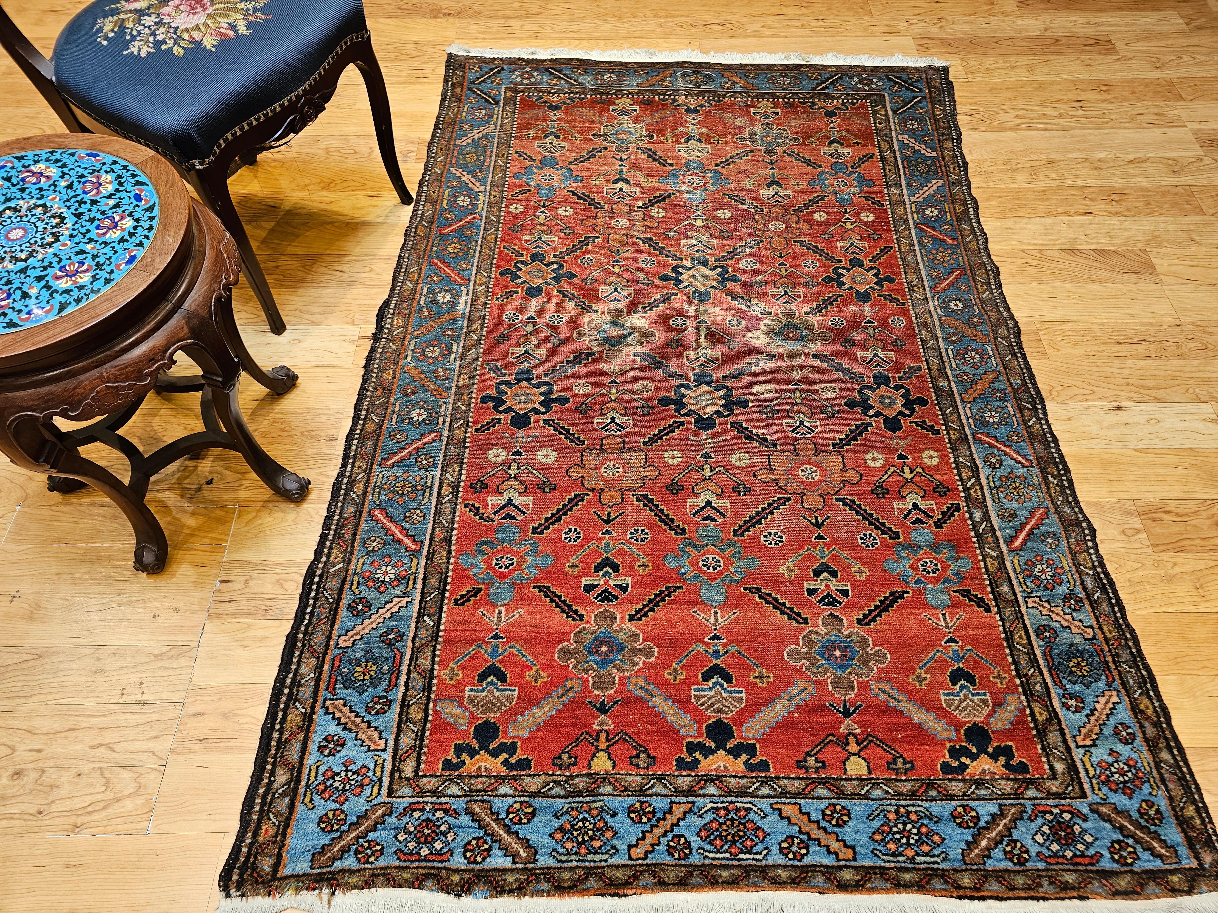 Vintage Persian Malayer in All Over Geometric Pattern in Rust, Persian Blue For Sale 7
