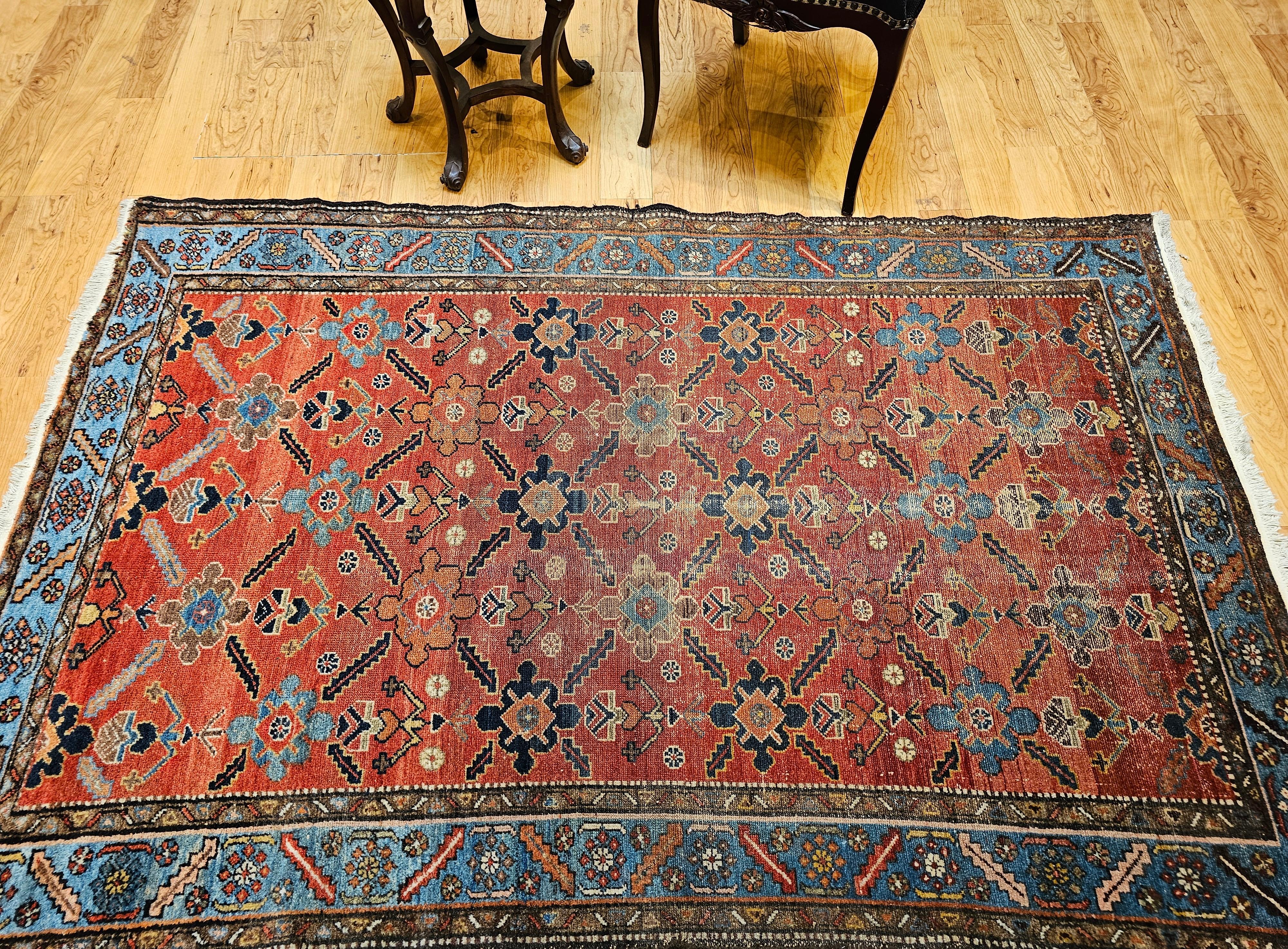 Vintage Persian Malayer in All Over Geometric Pattern in Rust, Persian Blue For Sale 9