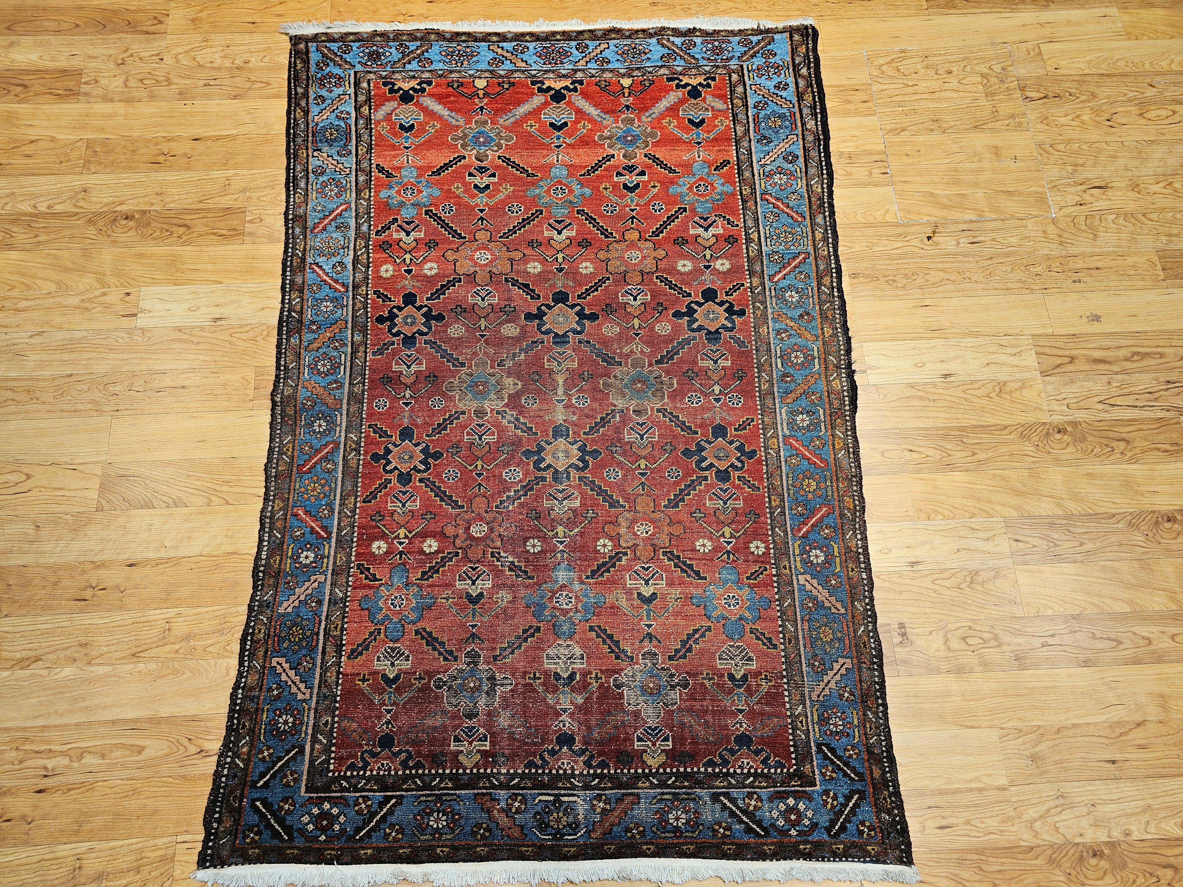 Vintage Persian Malayer in All Over Geometric Pattern in Rust, Persian Blue For Sale 10