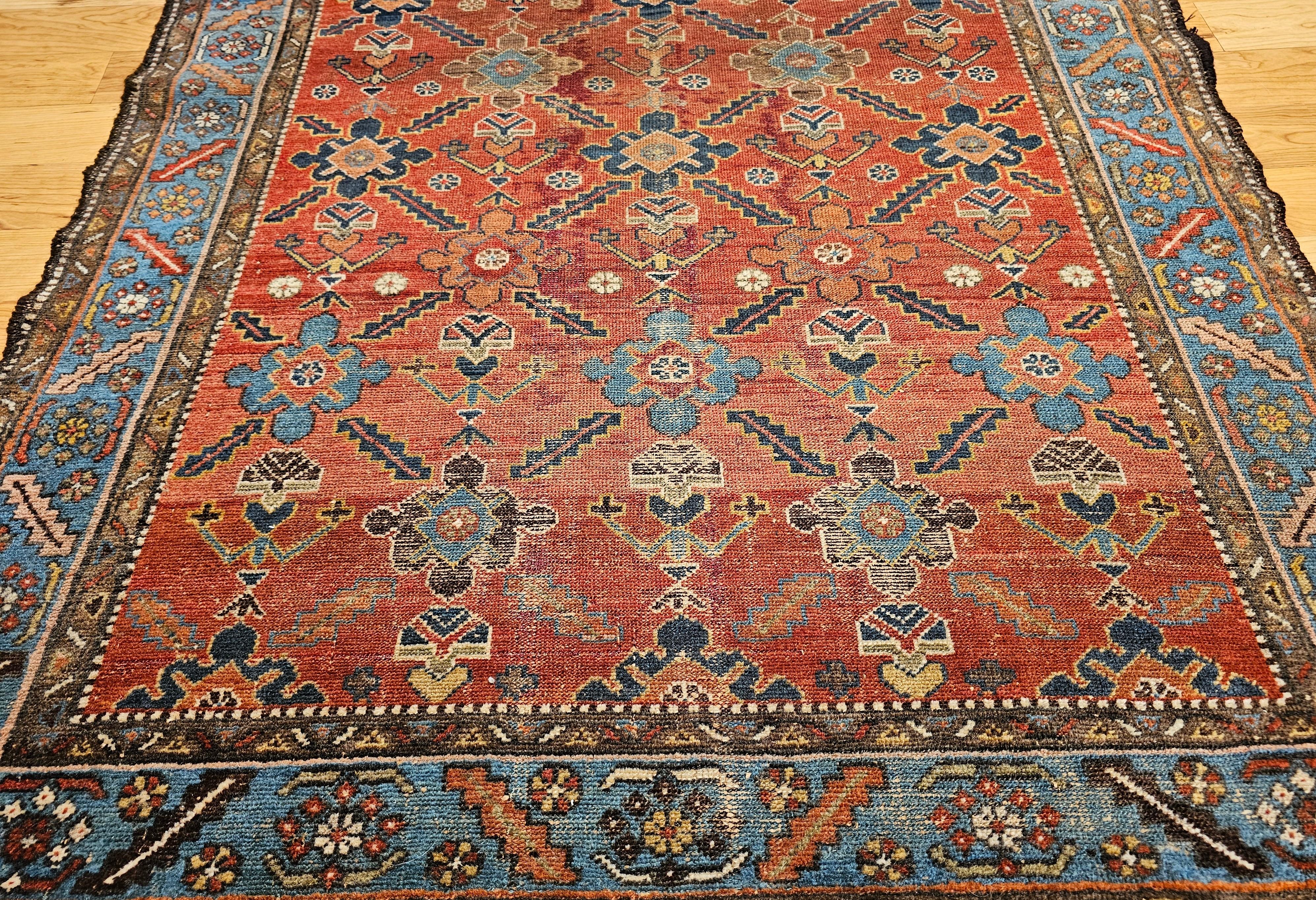 Vegetable Dyed Vintage Persian Malayer in All Over Geometric Pattern in Rust, Persian Blue For Sale