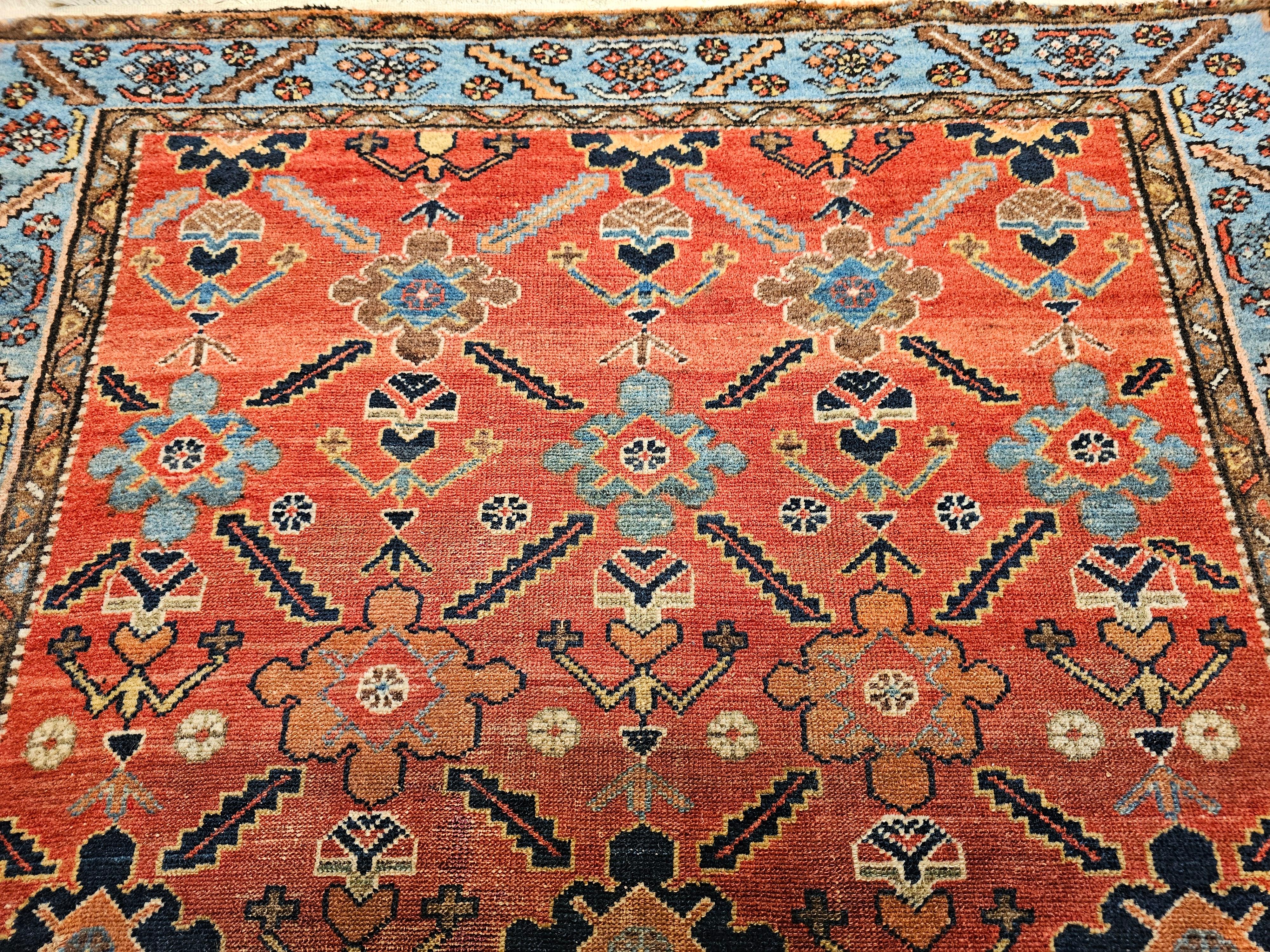 Vintage Persian Malayer in All Over Geometric Pattern in Rust, Persian Blue In Good Condition For Sale In Barrington, IL
