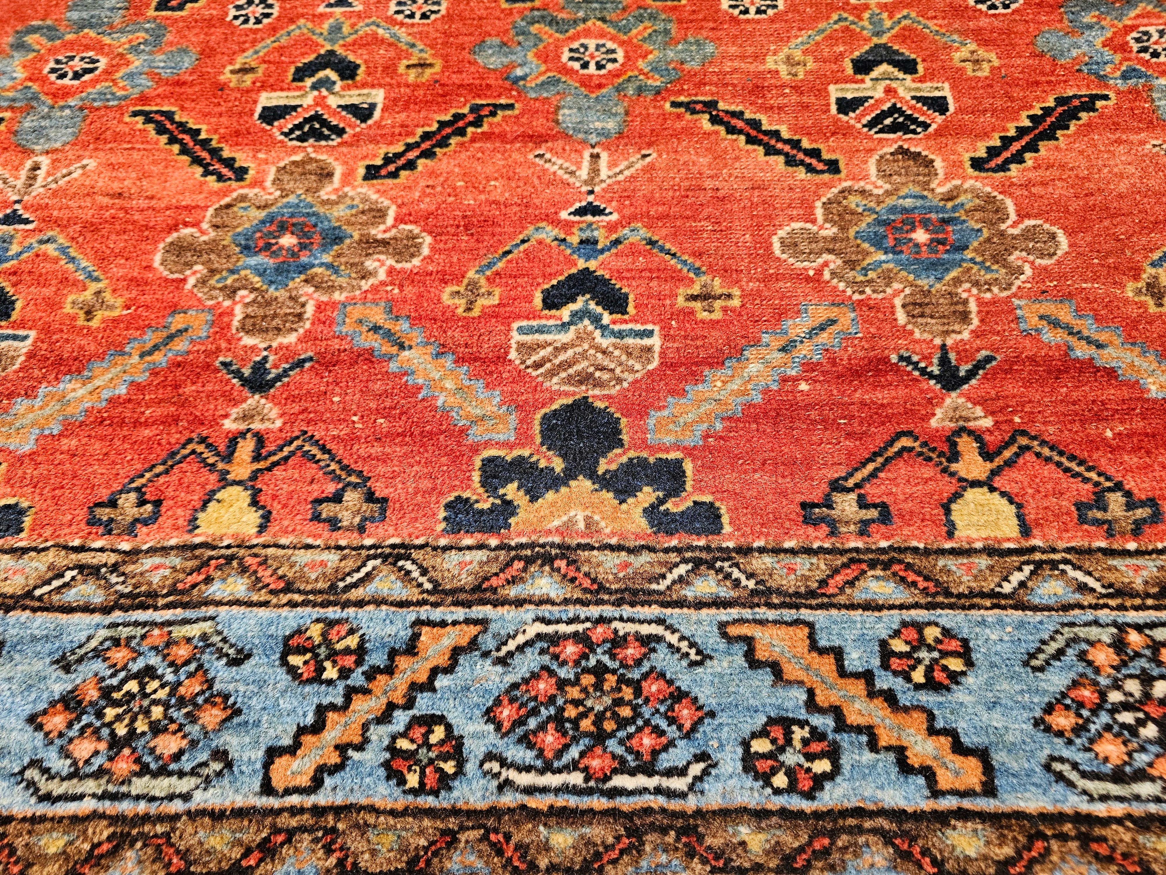Wool Vintage Persian Malayer in All Over Geometric Pattern in Rust, Persian Blue For Sale