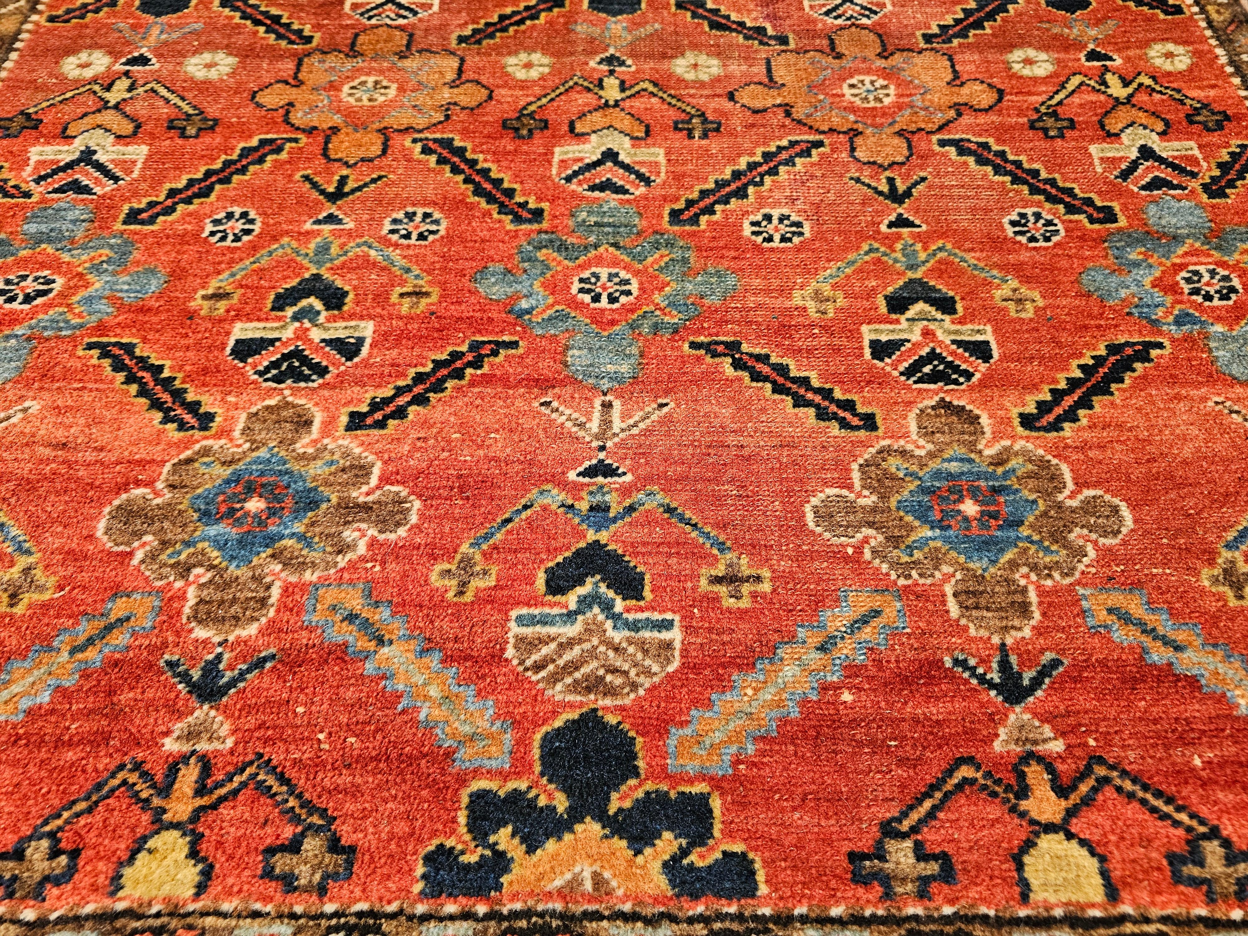Vintage Persian Malayer in All Over Geometric Pattern in Rust, Persian Blue For Sale 1