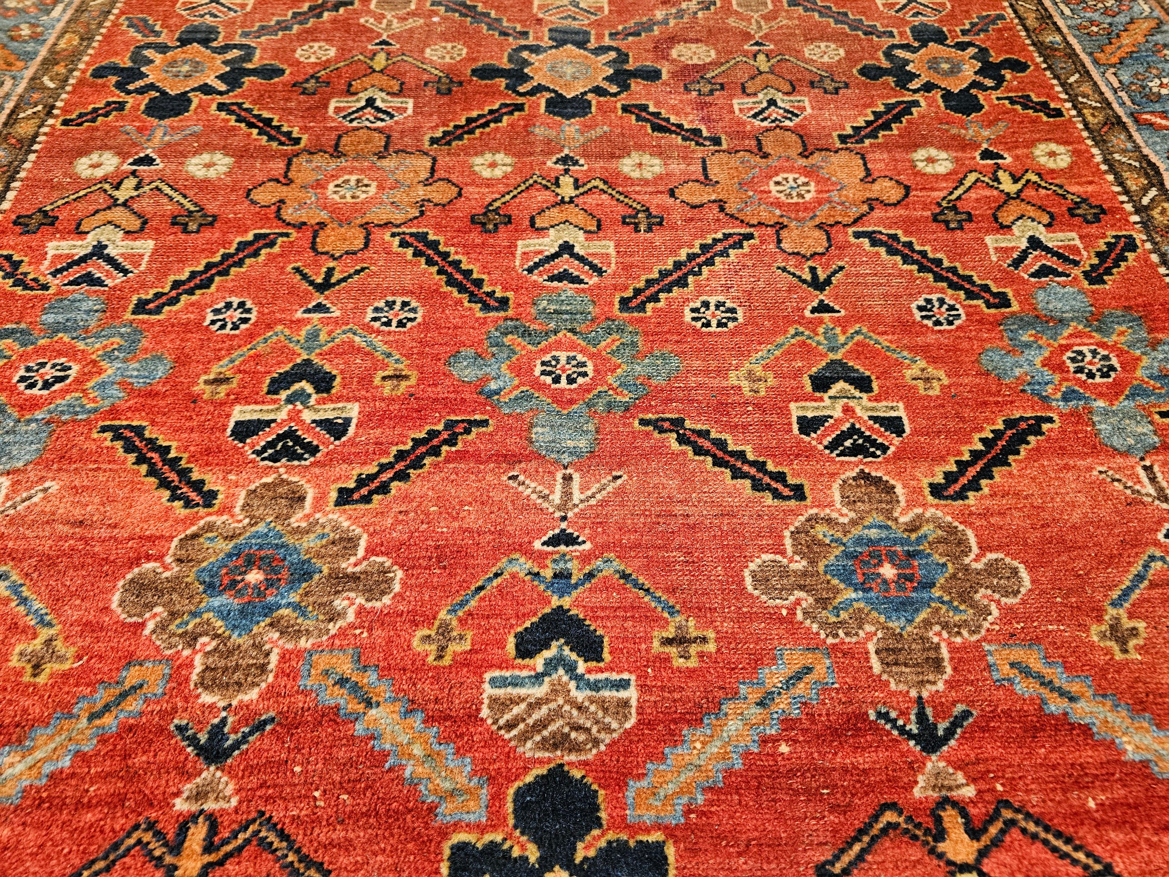 Vintage Persian Malayer in All Over Geometric Pattern in Rust, Persian Blue For Sale 2