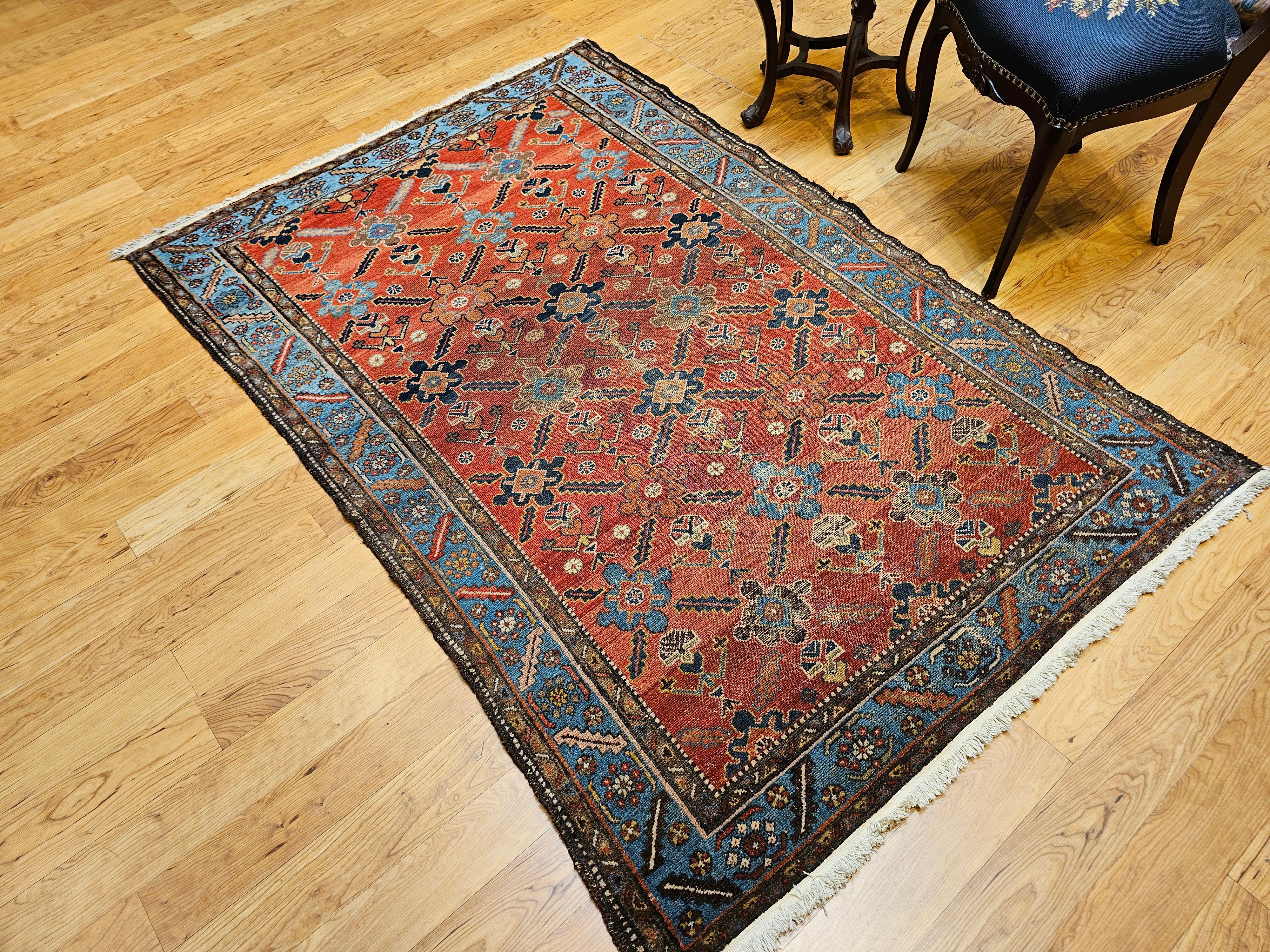 Vintage Persian Malayer in All Over Geometric Pattern in Rust, Persian Blue For Sale 3