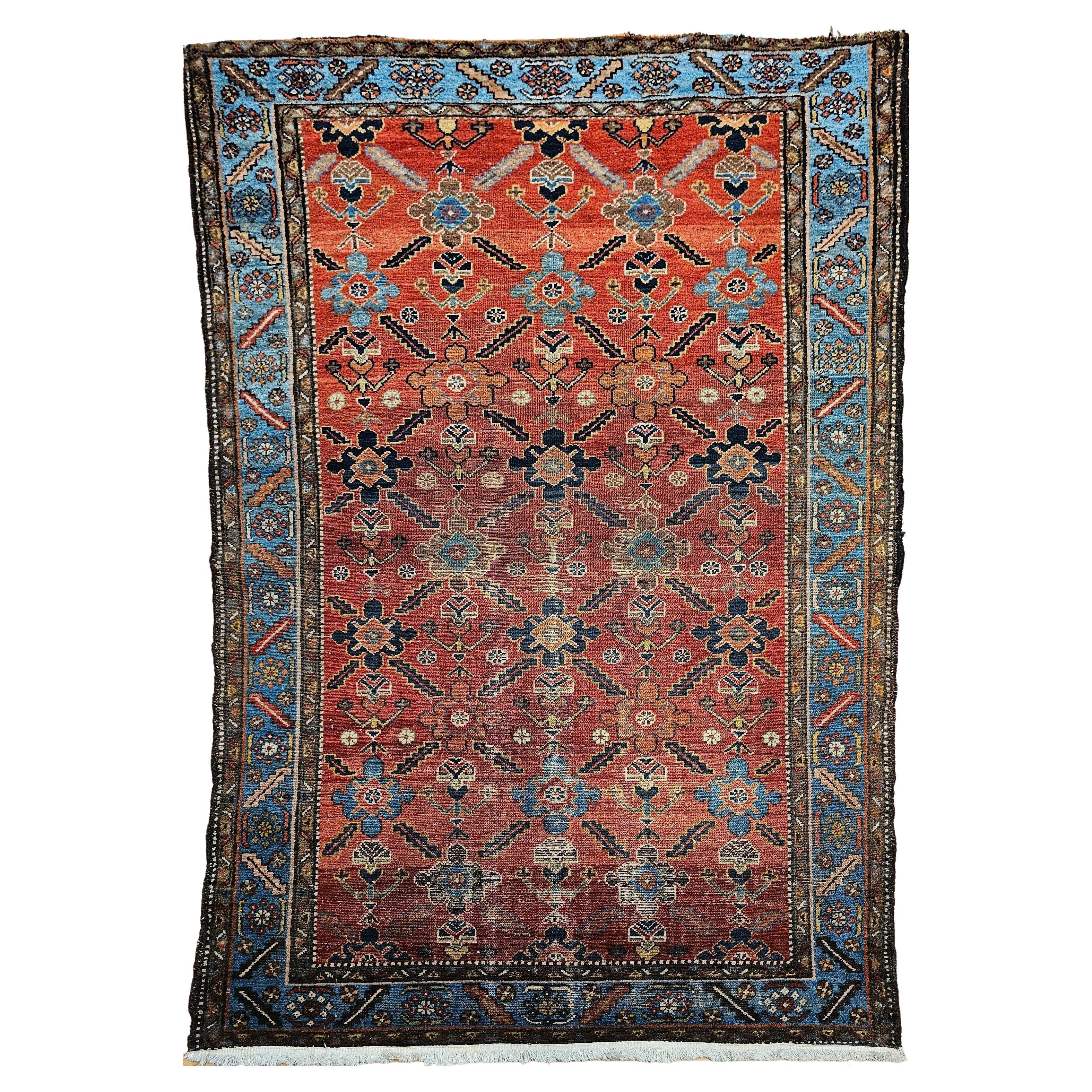 Vintage Persian Malayer in All Over Geometric Pattern in Rust, Persian Blue