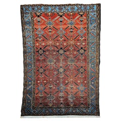 Vintage Persian Malayer in All Over Geometric Pattern in Rust, Persian Blue