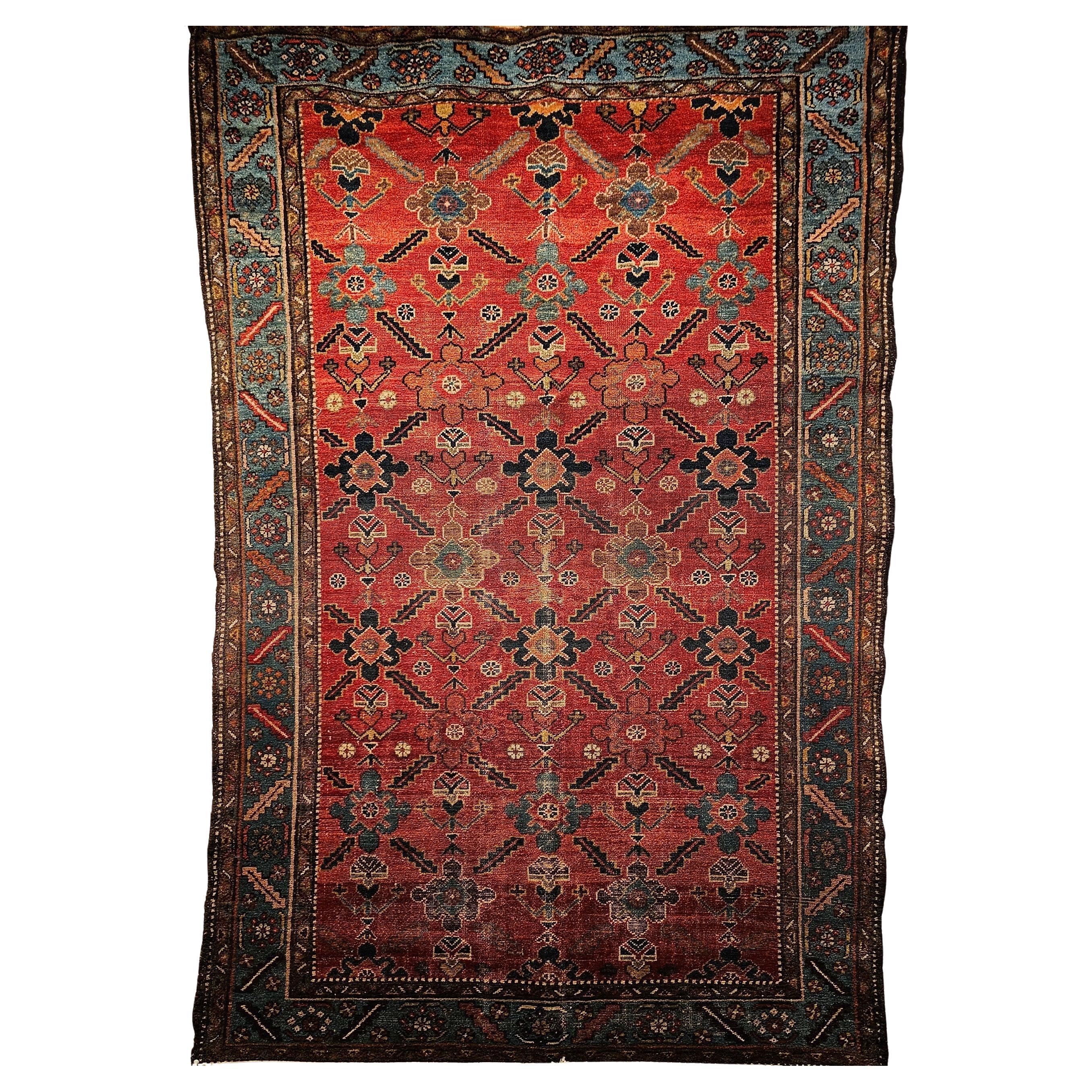 Malayer persiano vintage con motivo geometrico all over in ruggine, blu persiano