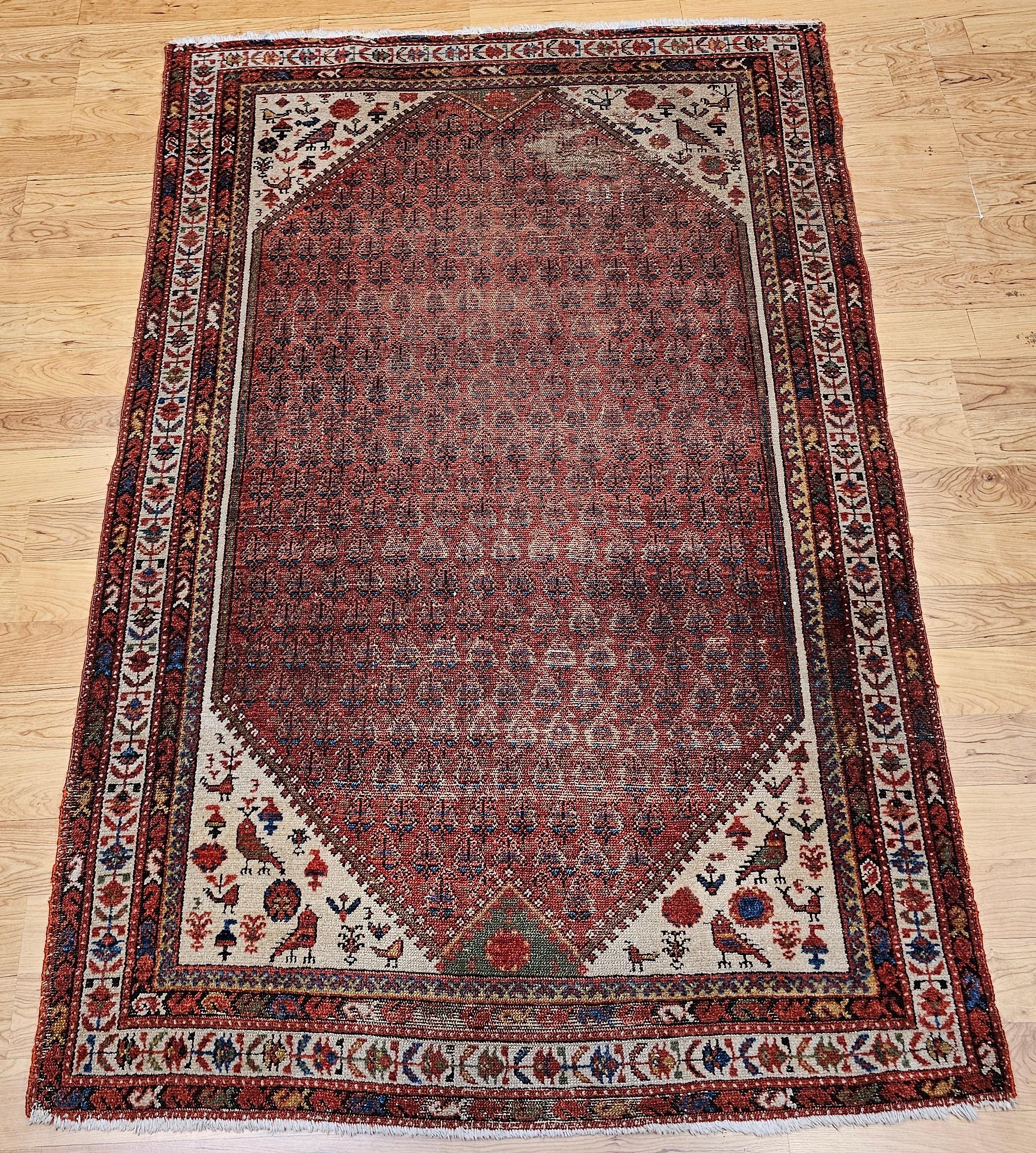 Vintage Persian Malayer area rug in an all over paisley pattern set on a dark red or burgundy background with an ivory color border.  The corner spandrels are in ivory with wonderful designs of birds.   There are little triangular areas on each end