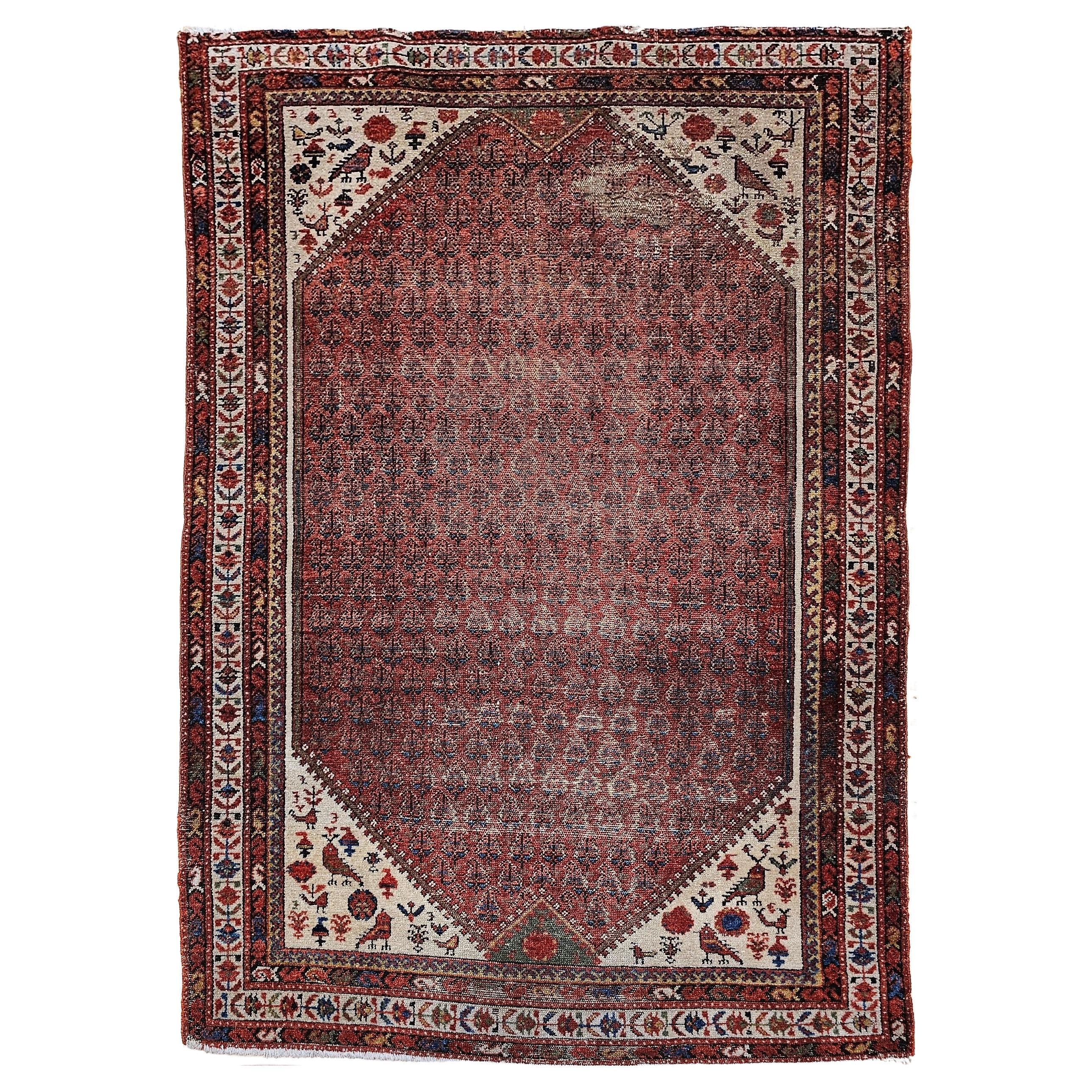 Vintage Persian Malayer in All Over Paisley Pattern in Burgundy, Ivory, Blue For Sale