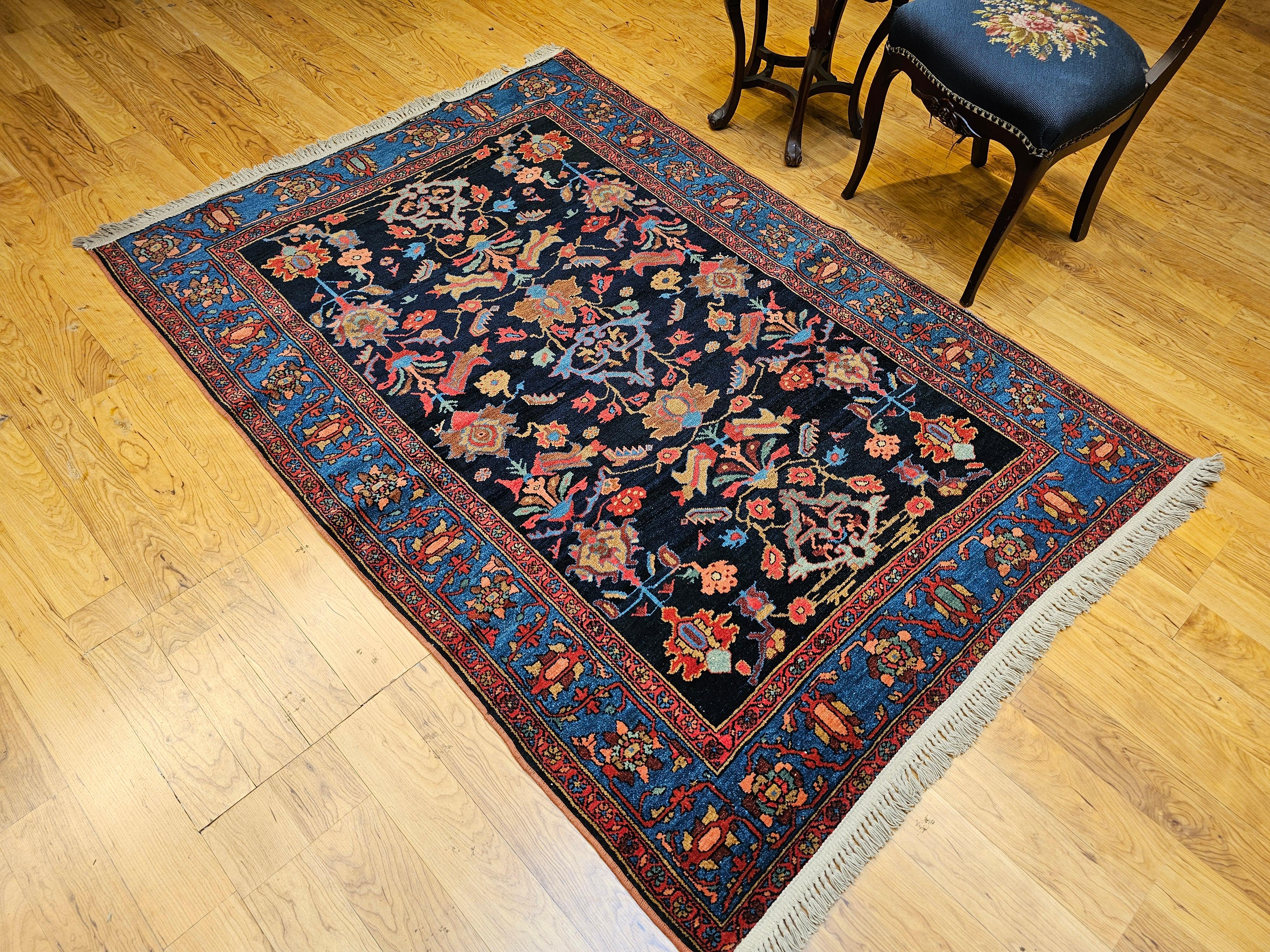Vintage Persian Malayer in Allover Geometric Pattern in Navy Blue, Blue, Green For Sale 4