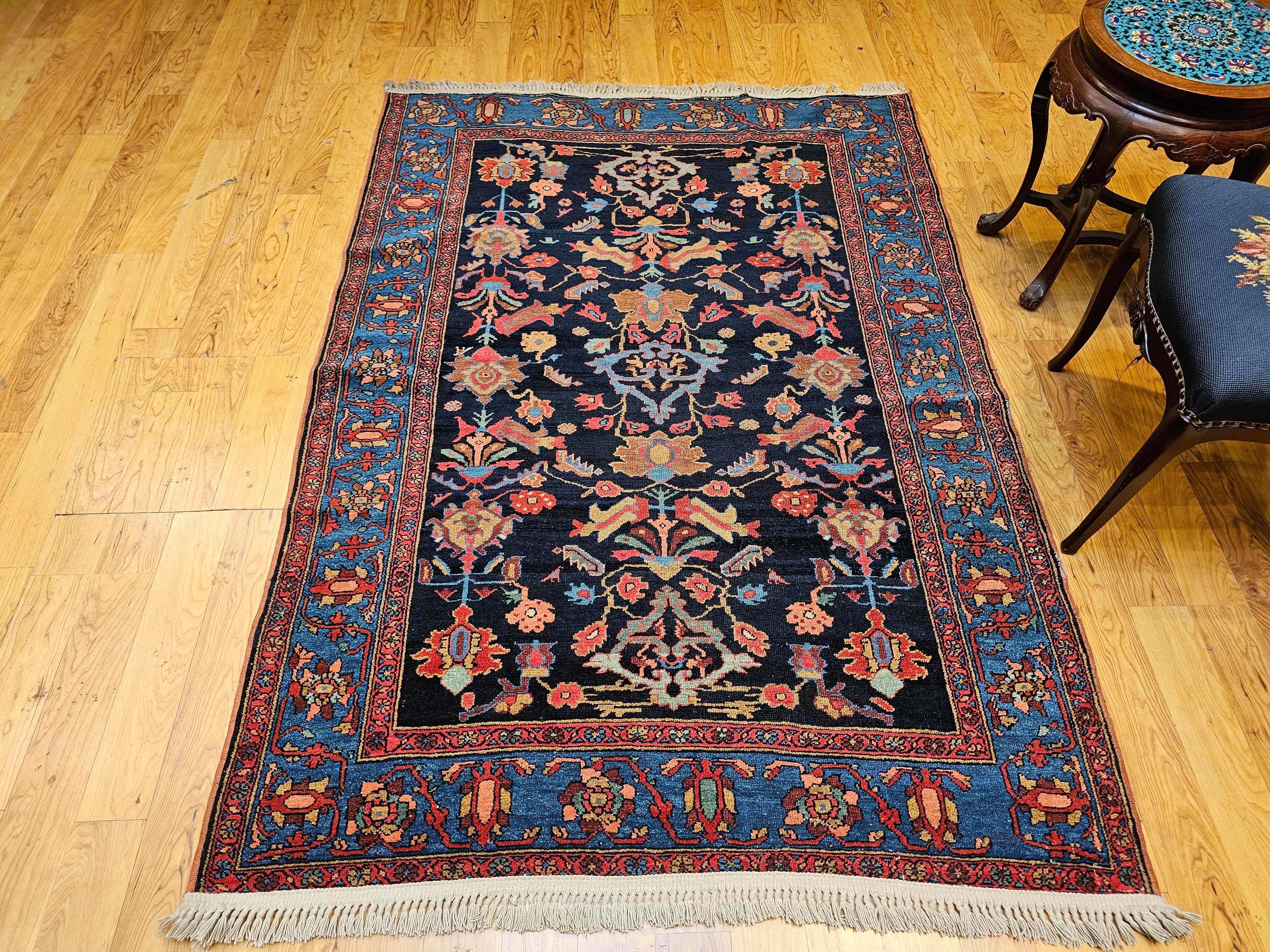 Vintage Persian Malayer in Allover Geometric Pattern in Navy Blue, Blue, Green For Sale 5