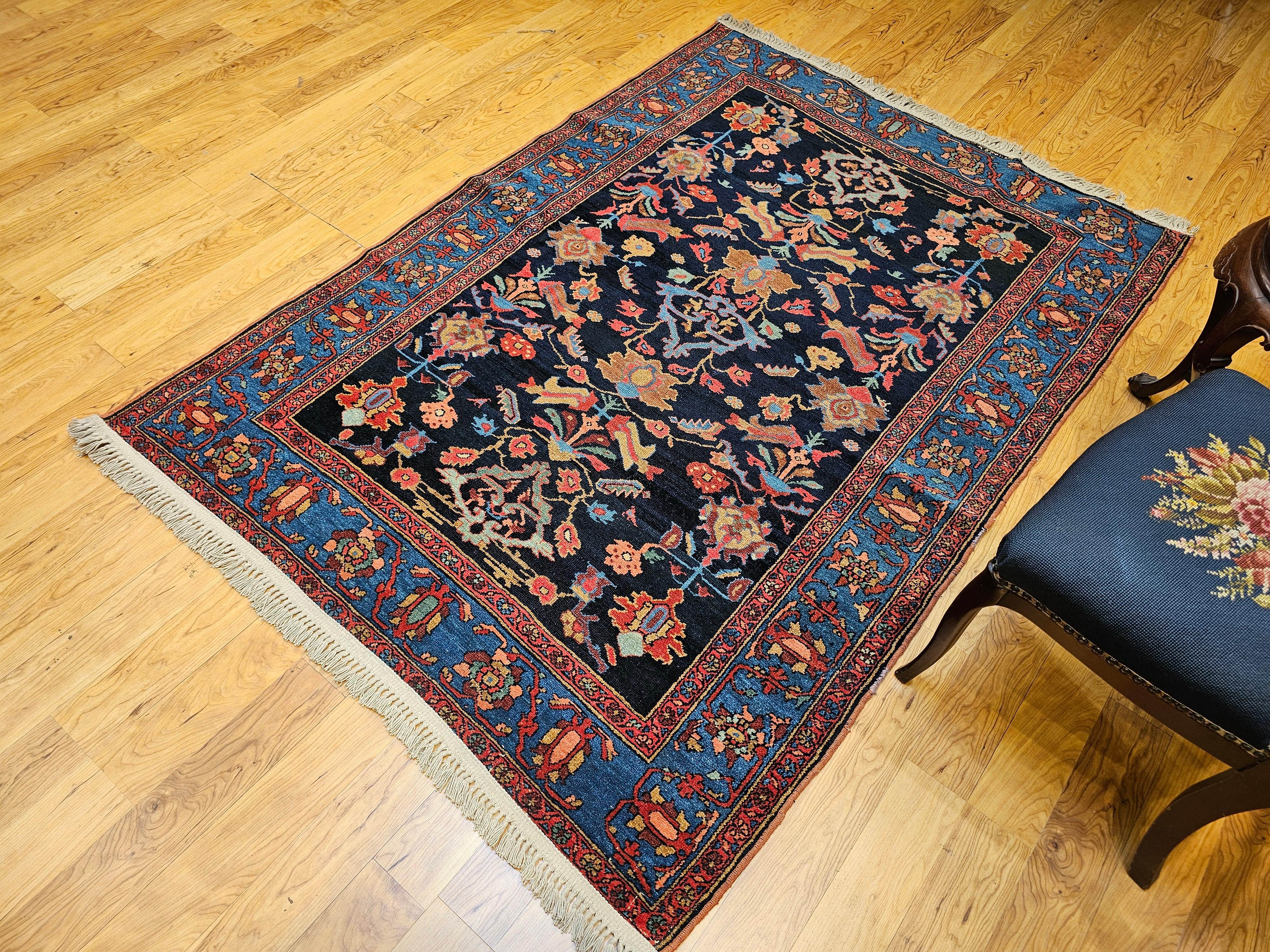 Vintage Persian Malayer in Allover Geometric Pattern in Navy Blue, Blue, Green For Sale 6