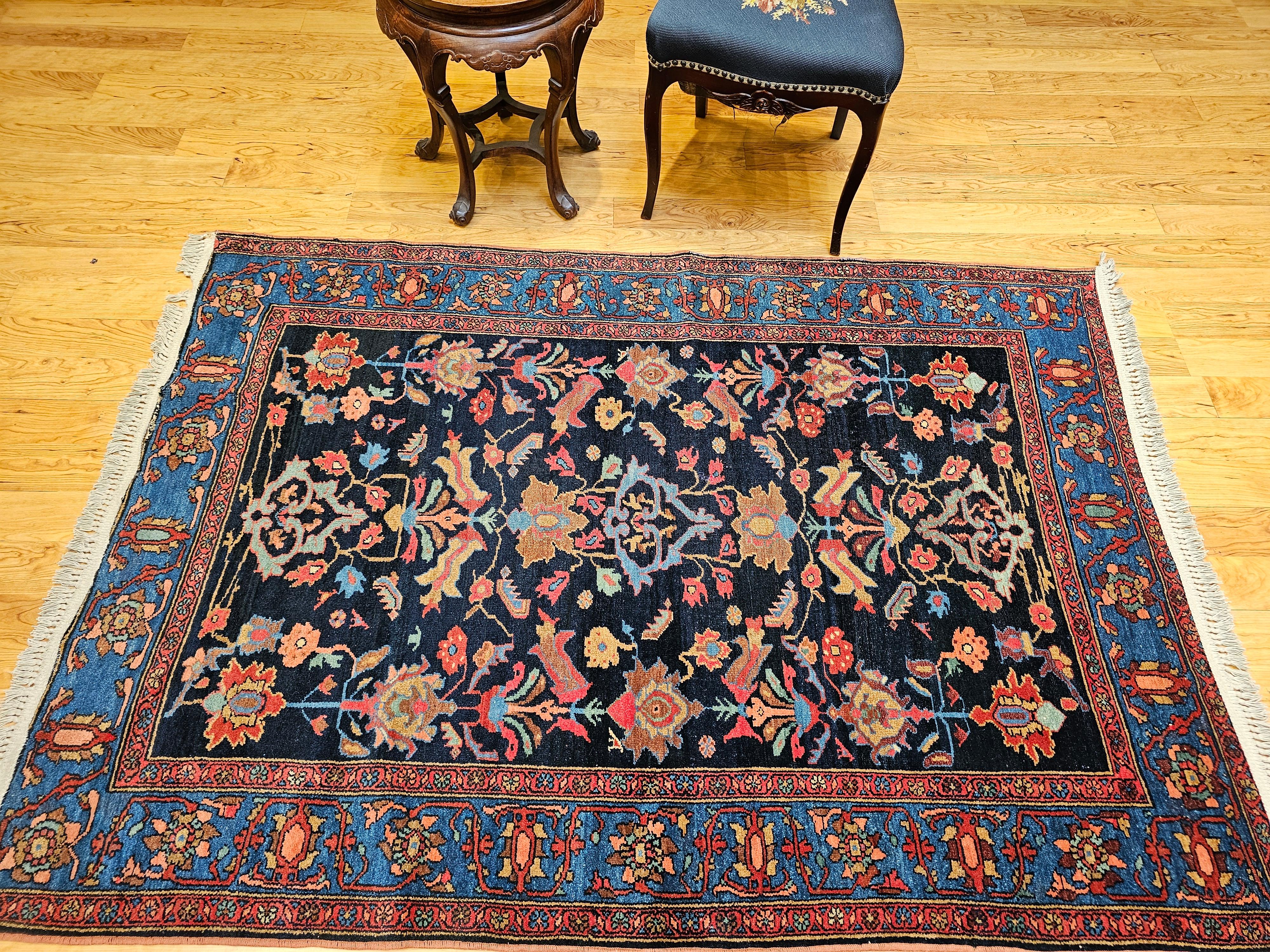 Vintage Persian Malayer in Allover Geometric Pattern in Navy Blue, Blue, Green For Sale 7