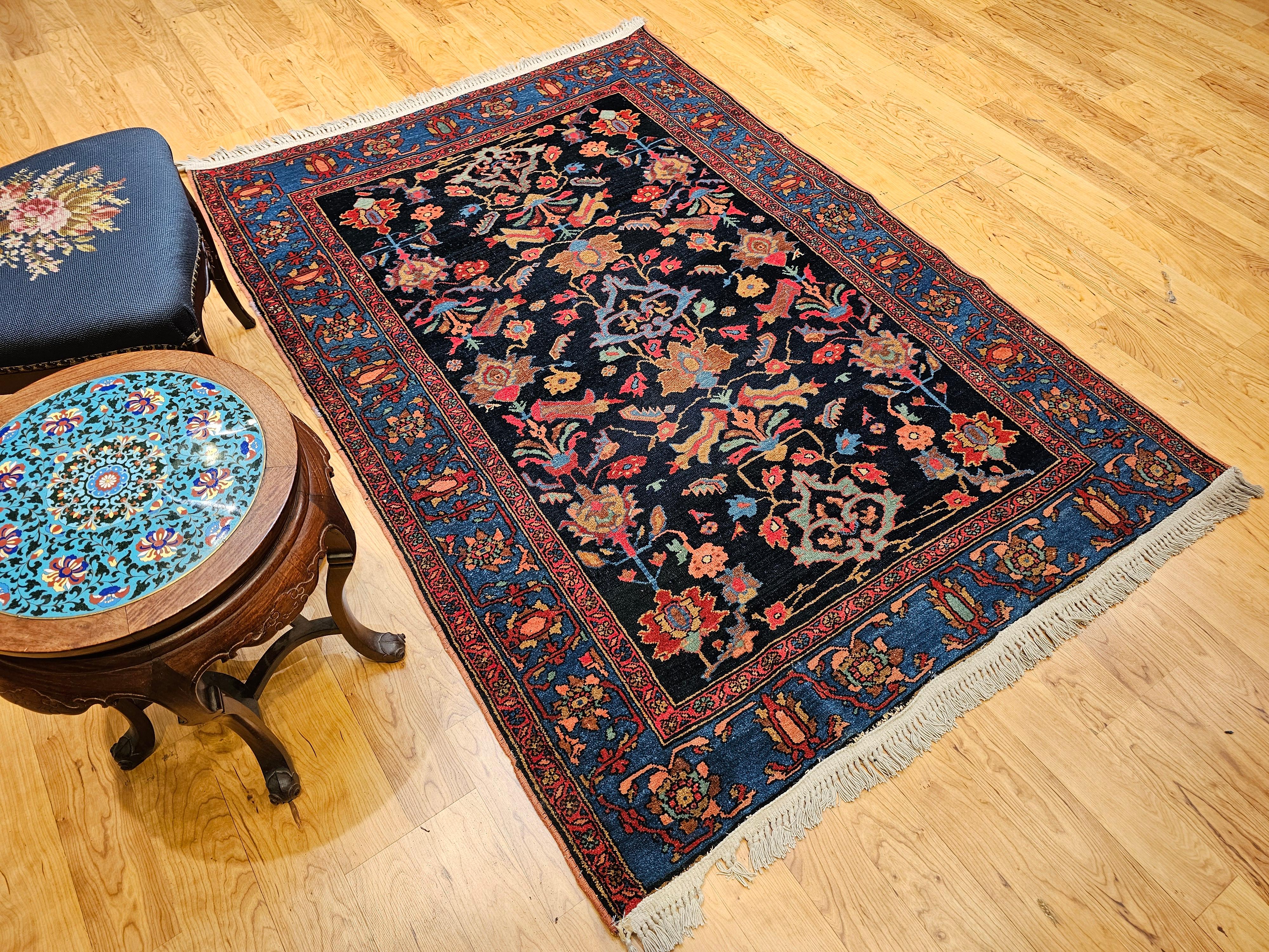 Vintage Persian Malayer in Allover Geometric Pattern in Navy Blue, Blue, Green For Sale 8