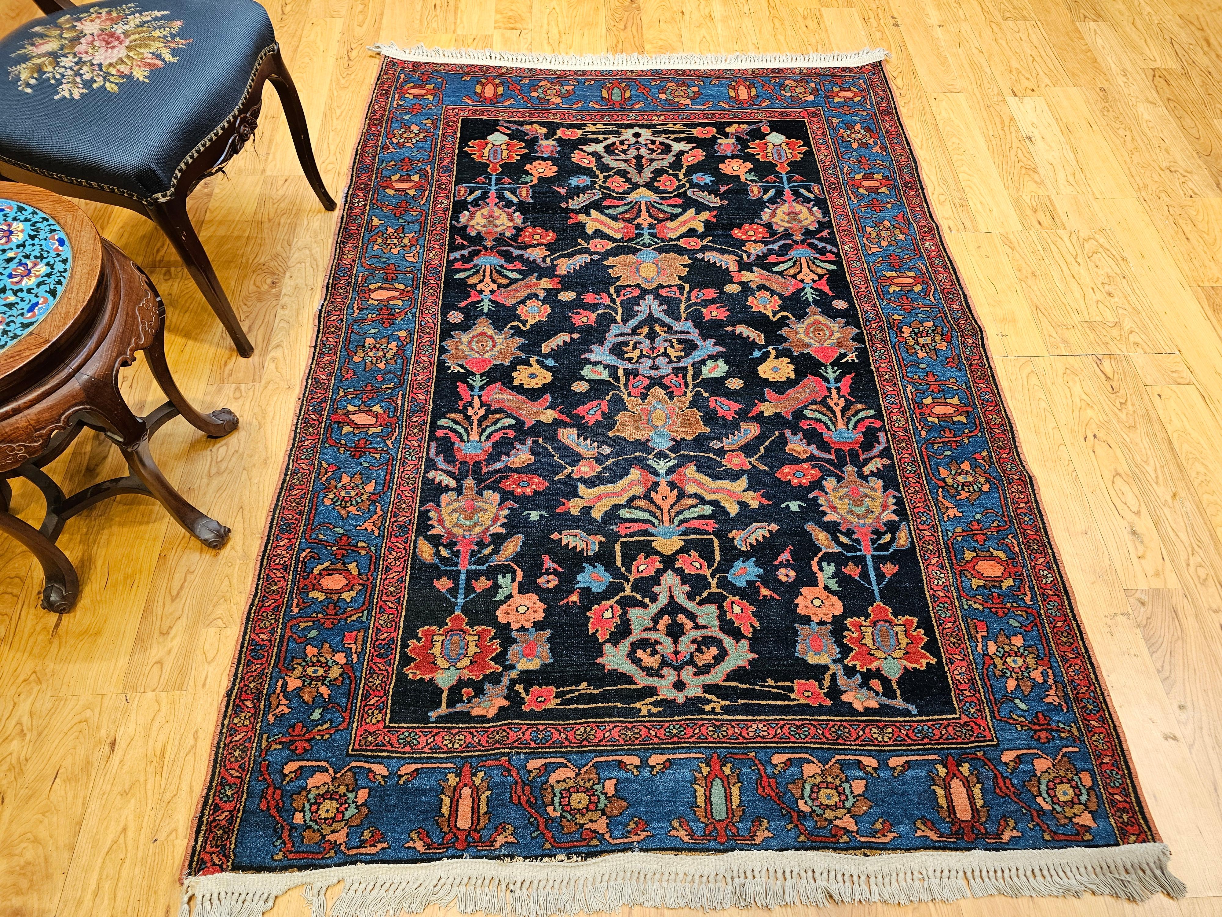 Vintage Persian Malayer in Allover Geometric Pattern in Navy Blue, Blue, Green For Sale 9