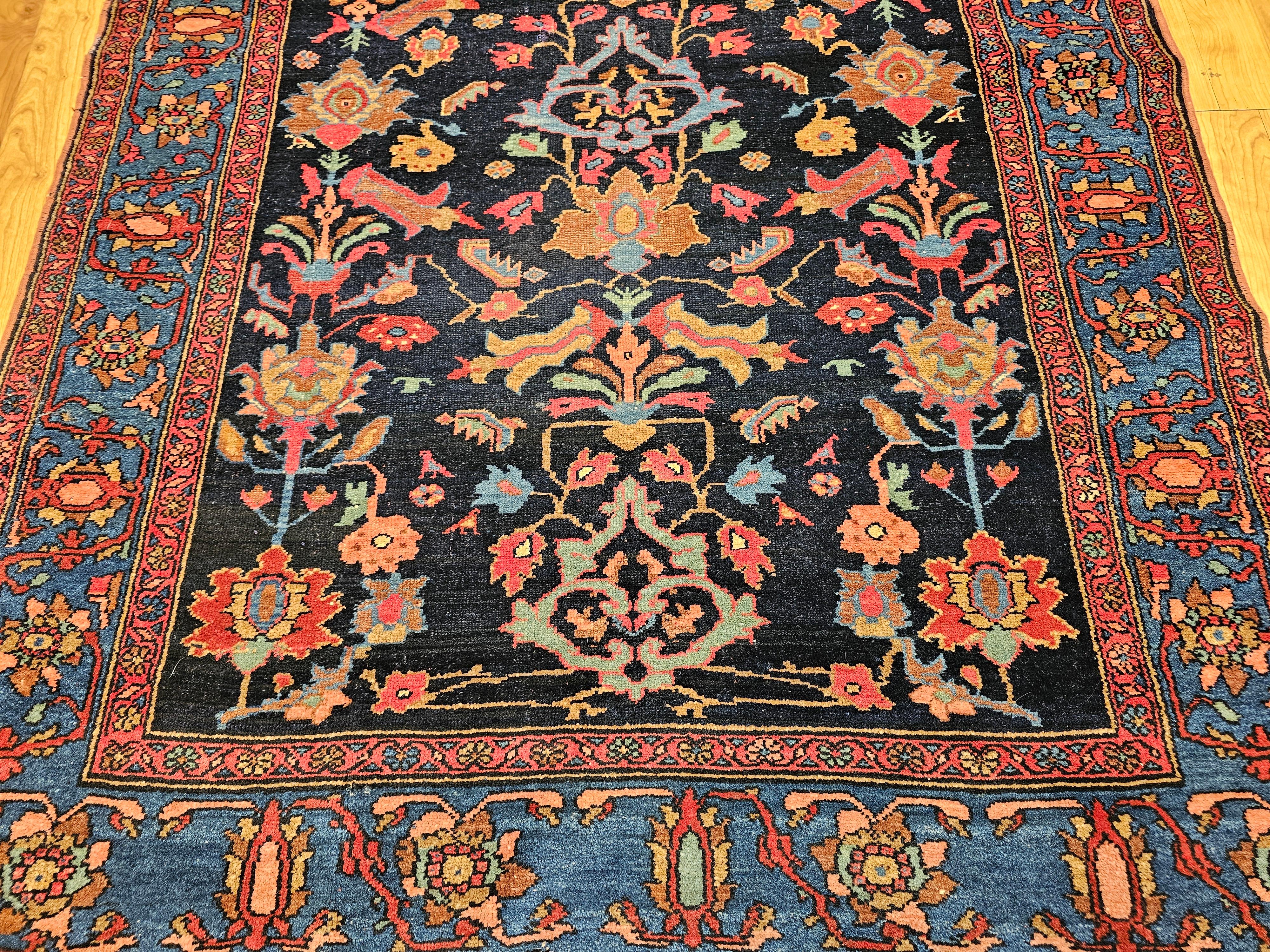 Vegetable Dyed Vintage Persian Malayer in Allover Geometric Pattern in Navy Blue, Blue, Green For Sale