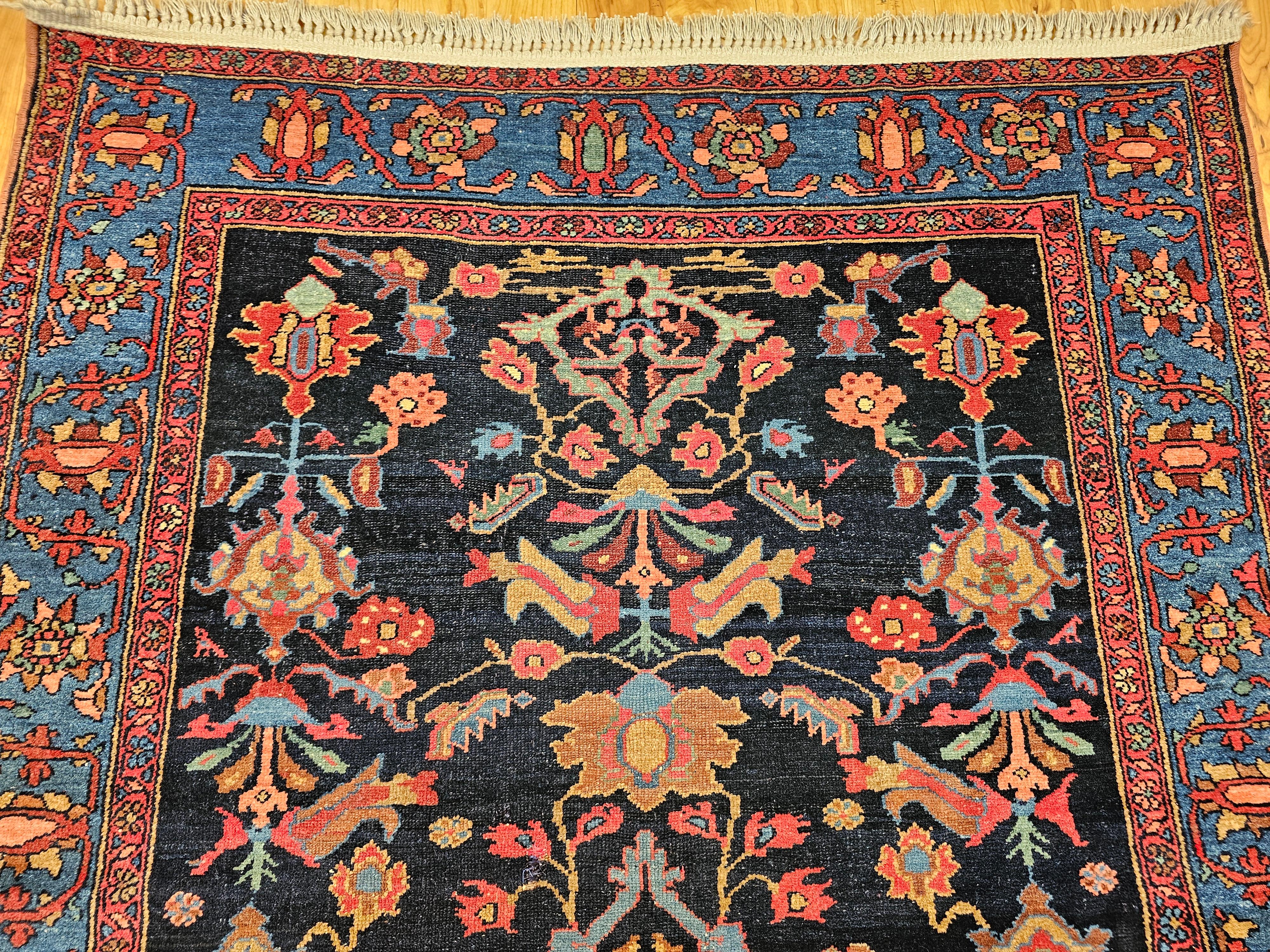 Early 20th Century Vintage Persian Malayer in Allover Geometric Pattern in Navy Blue, Blue, Green For Sale