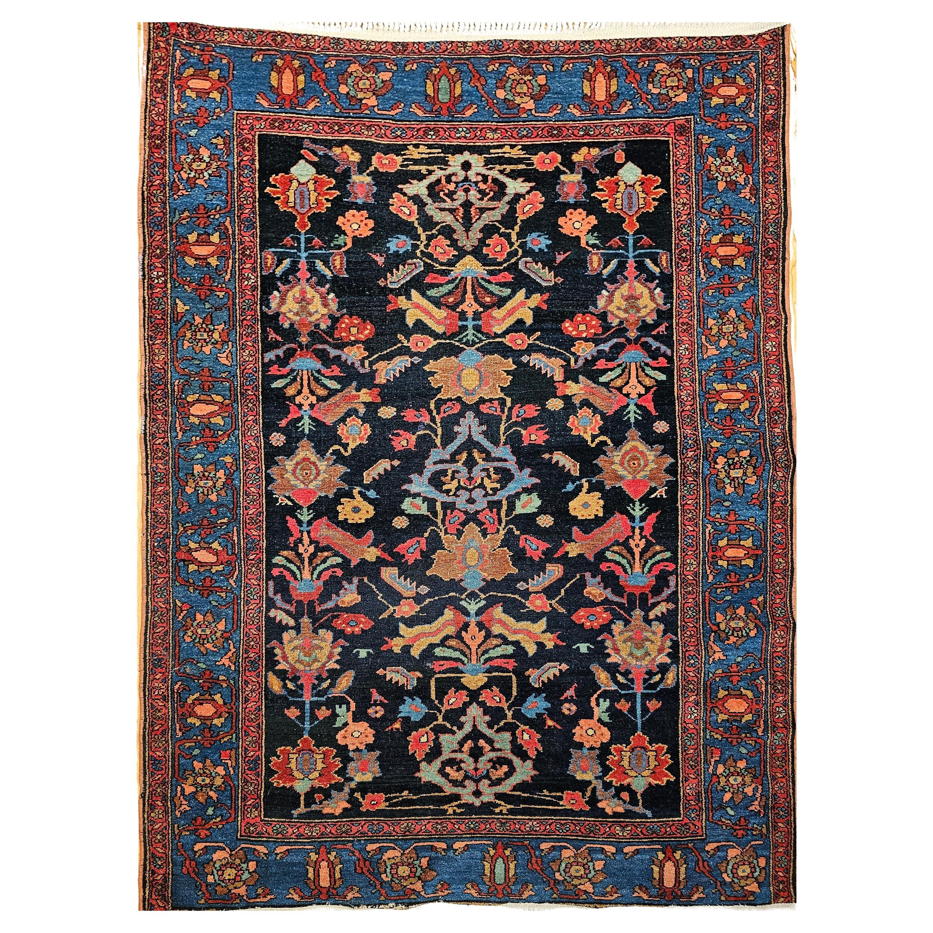 Vintage Persian Malayer in Allover Geometric Pattern in Navy Blue, Blue, Green