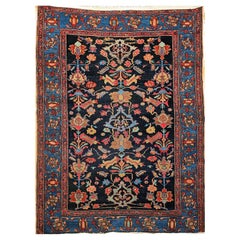 Vieux tapis persan Malayer à motif géométrique en bleu marine, bleu et vert