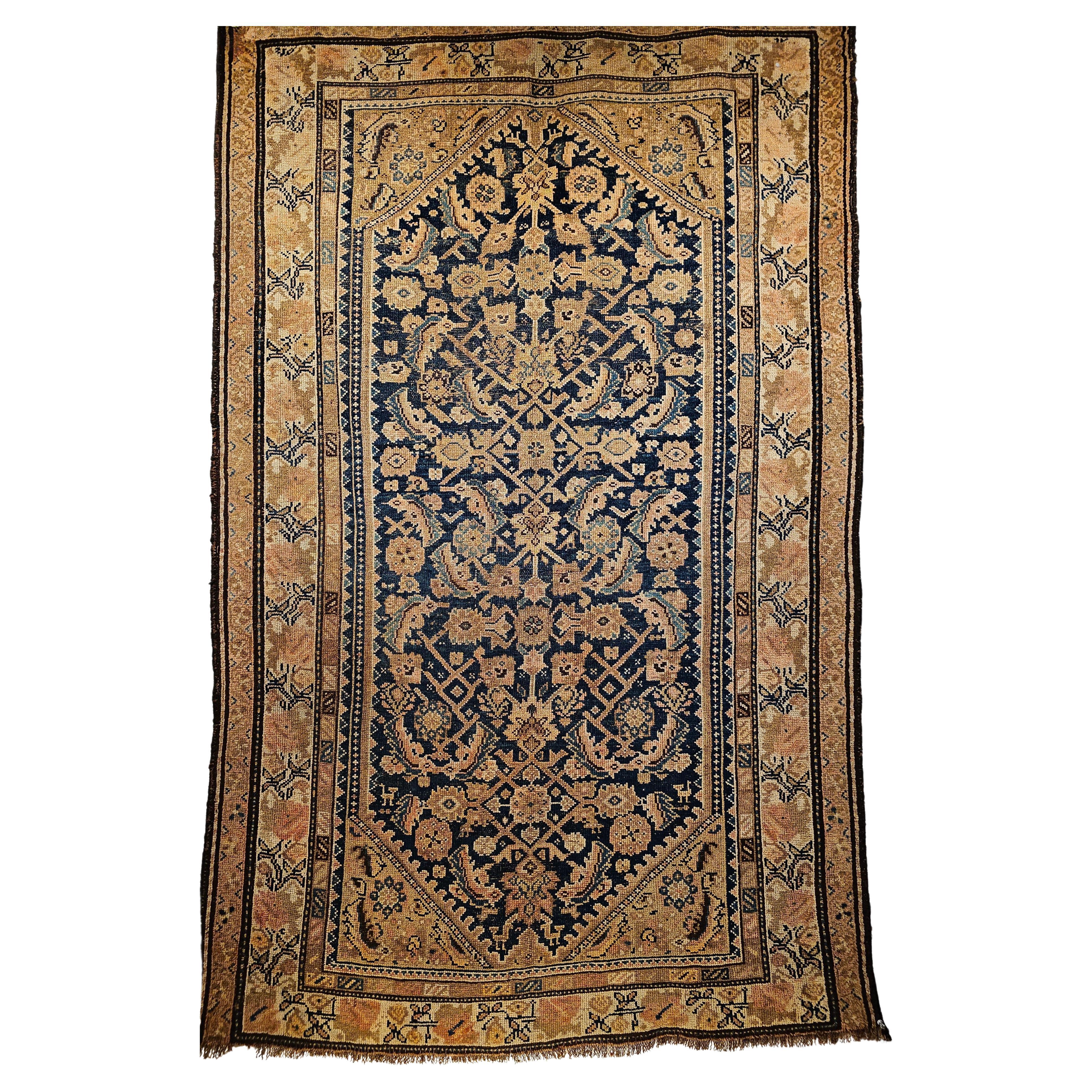 Vintage Persian Malayer Area Rug in Allover Design in Navy Blue, Brown, Ivory For Sale