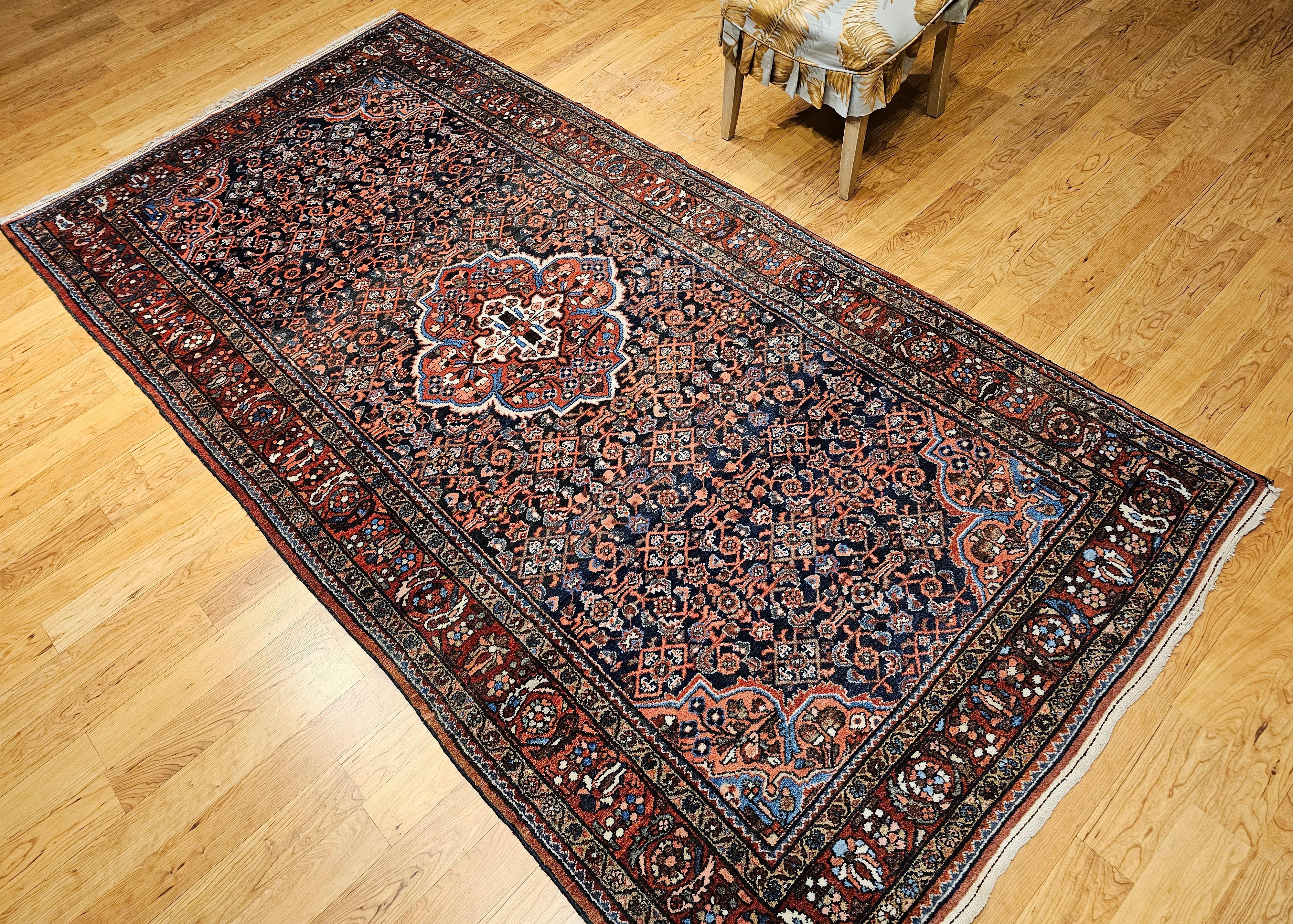 Vintage Persian Malayer in Allover Pattern in Navy Blue, Brick Red, Blue, Pink For Sale 8