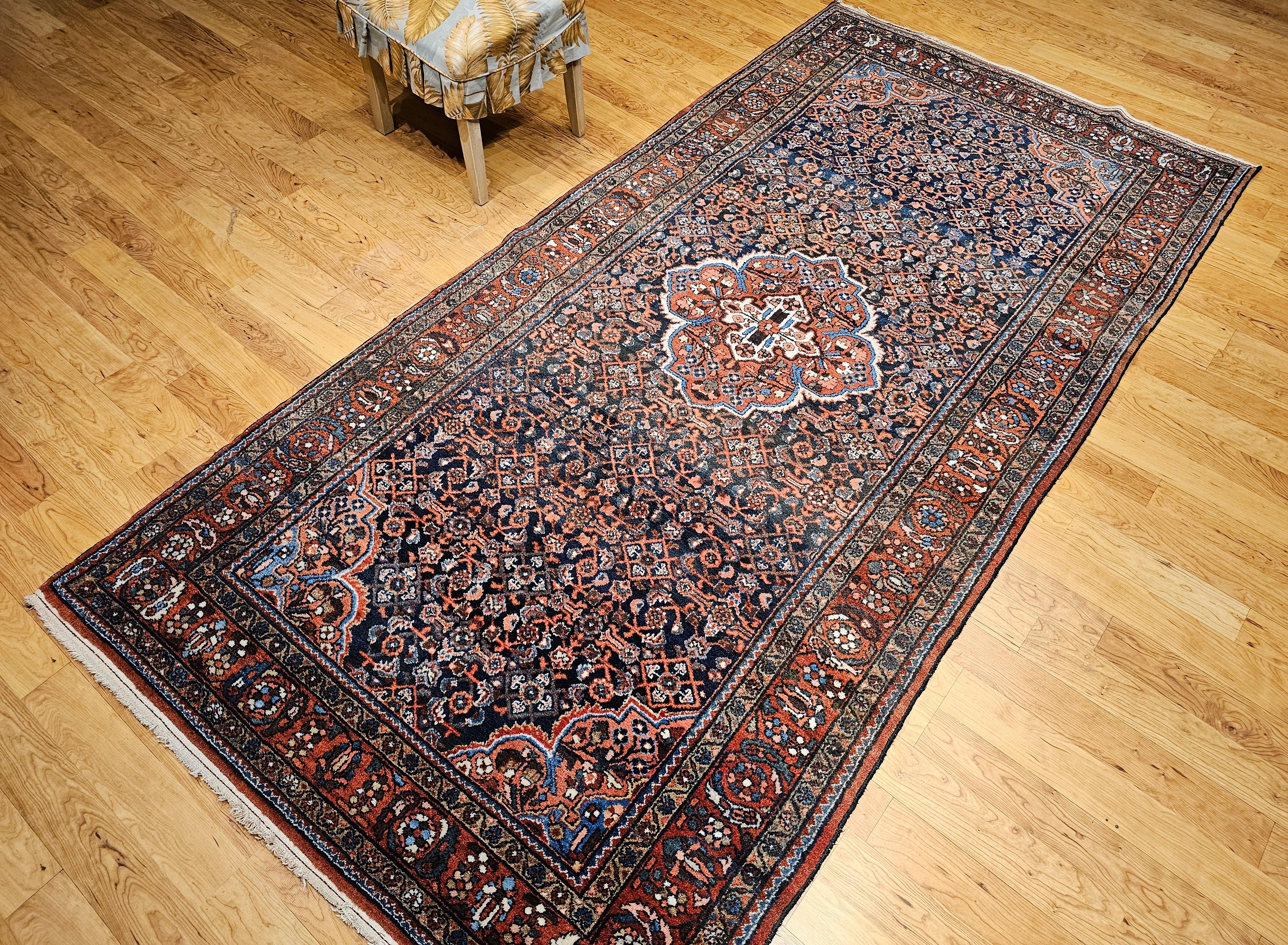 Vintage Persian Malayer in Allover Pattern in Navy Blue, Brick Red, Blue, Pink For Sale 12