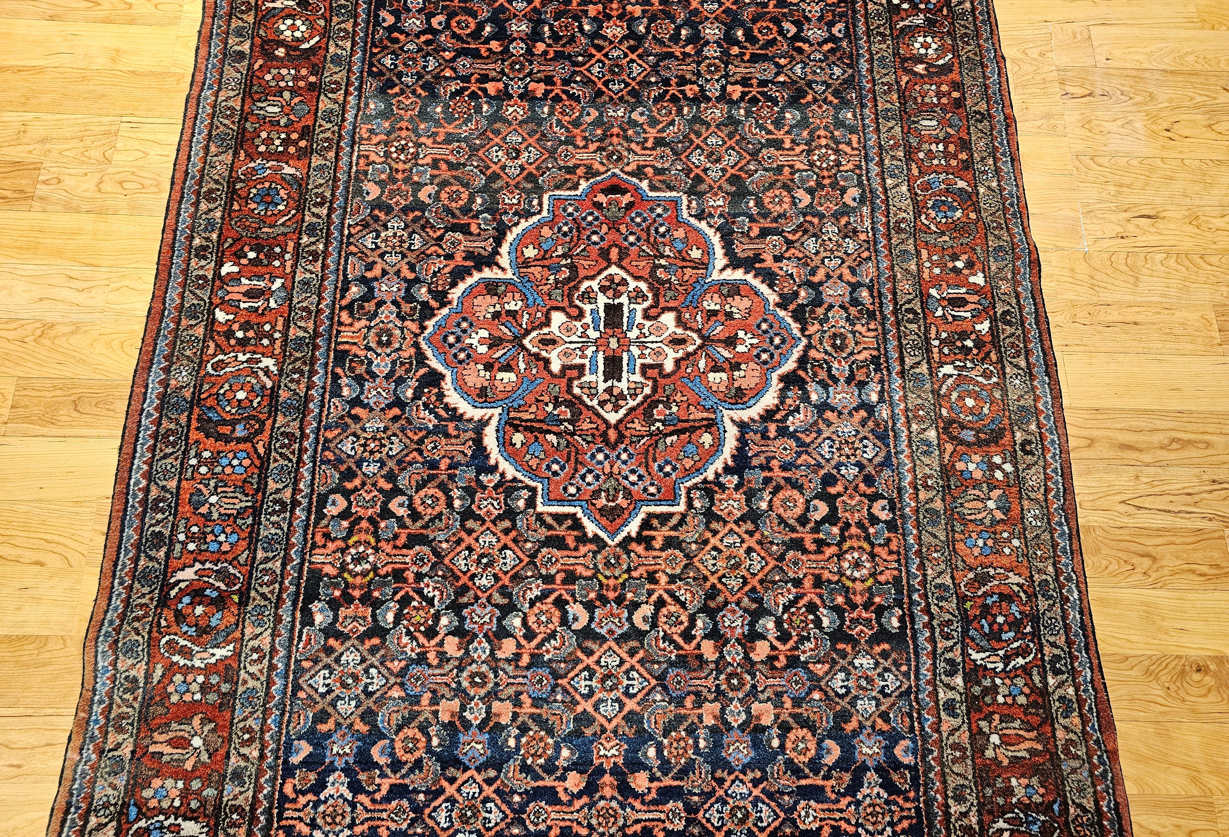 Vintage Persian Malayer in Allover Pattern in Navy Blue, Brick Red, Blue, Pink For Sale 6