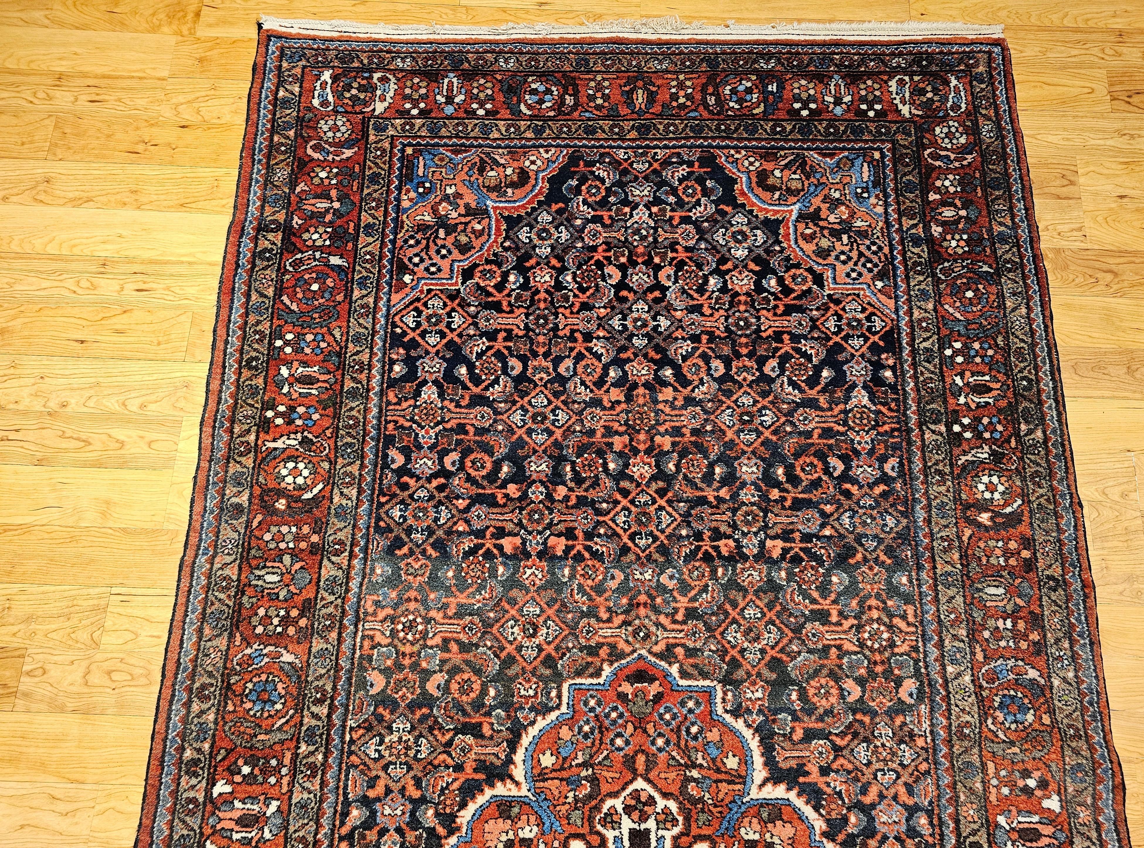 Vintage Persian Malayer in Allover Pattern in Navy Blue, Brick Red, Blue, Pink For Sale 5