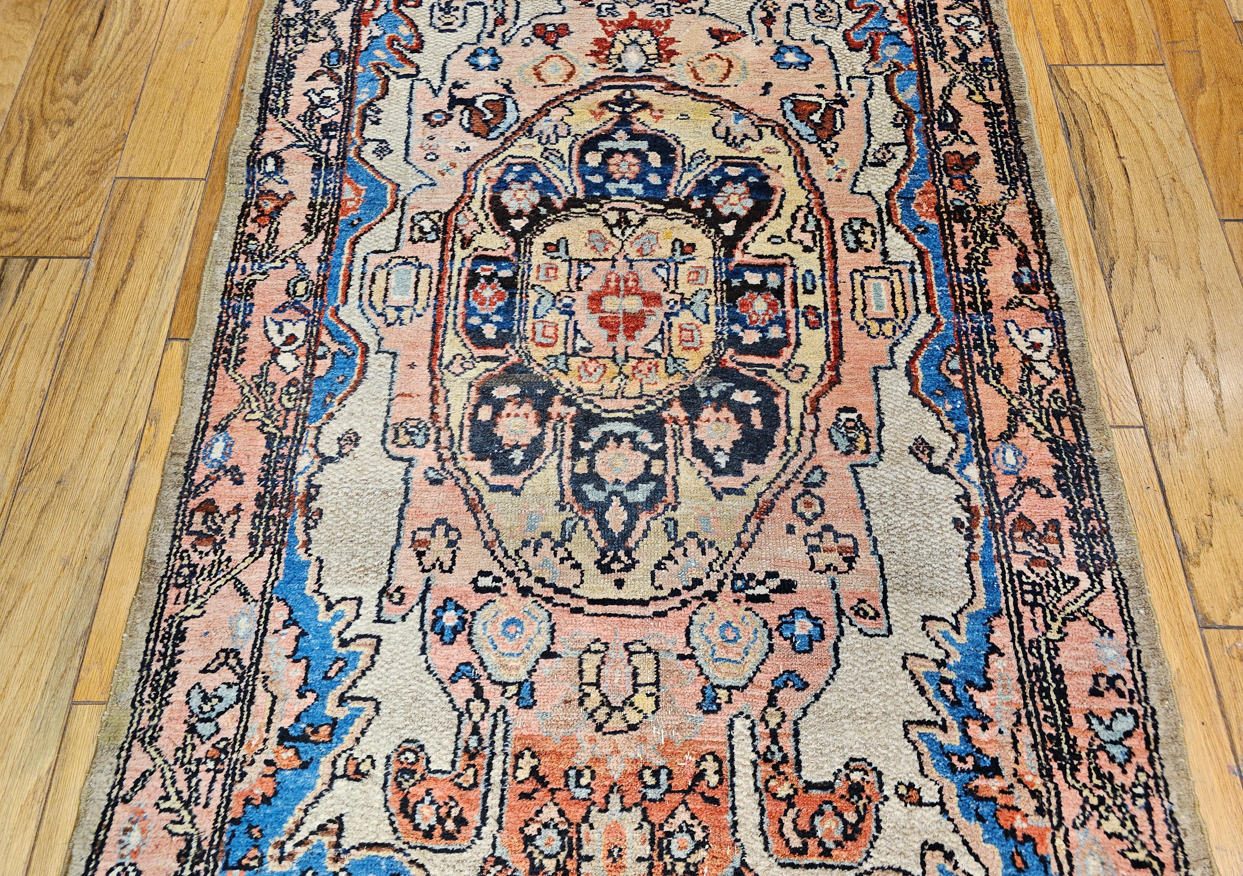 Wool Vintage Persian Malayer Long Runner in Camelhair, Blue, Rust, Navy, Pink For Sale