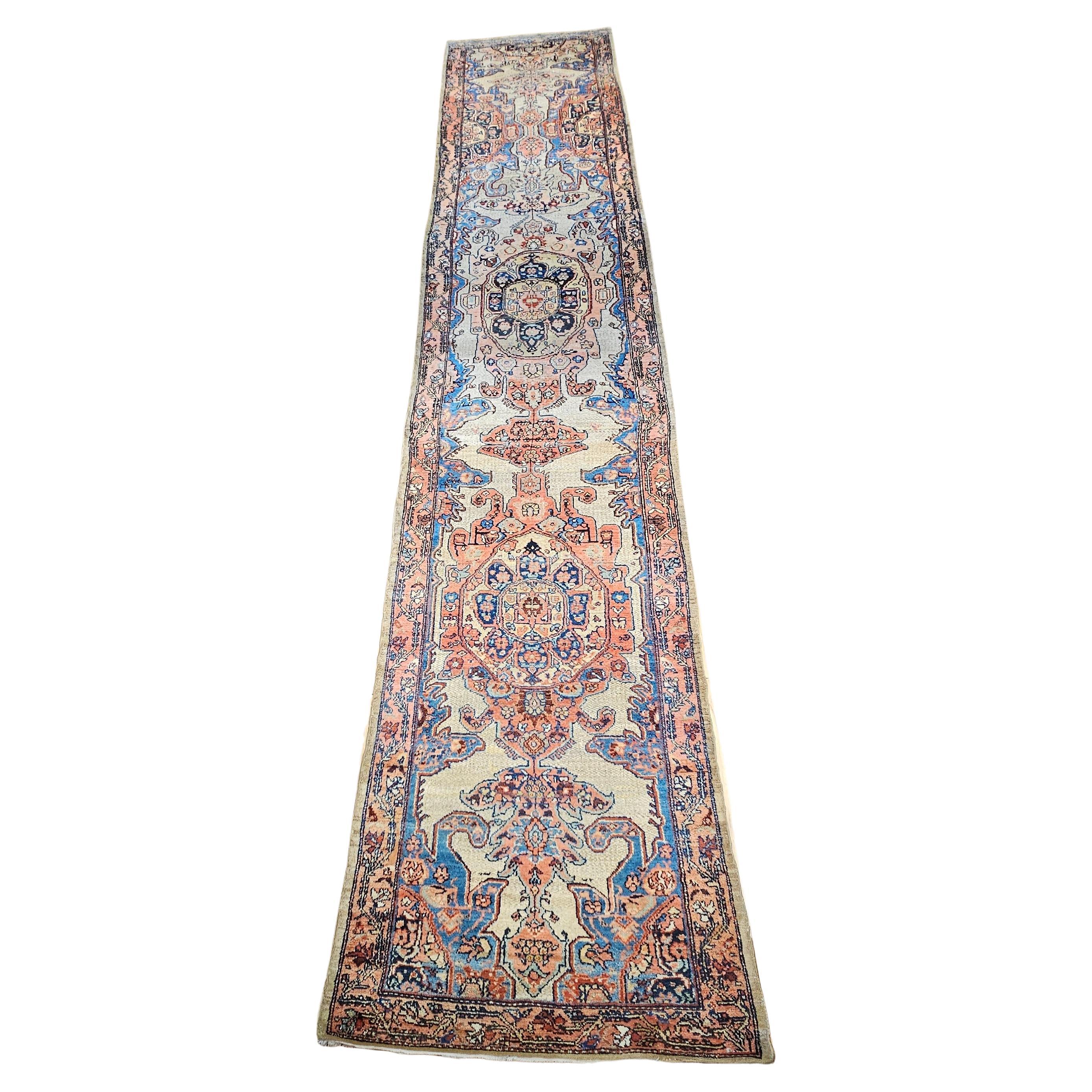 Vintage Persian Malayer Long Runner in Camelhair, Blue, Rust, Navy, Pink For Sale