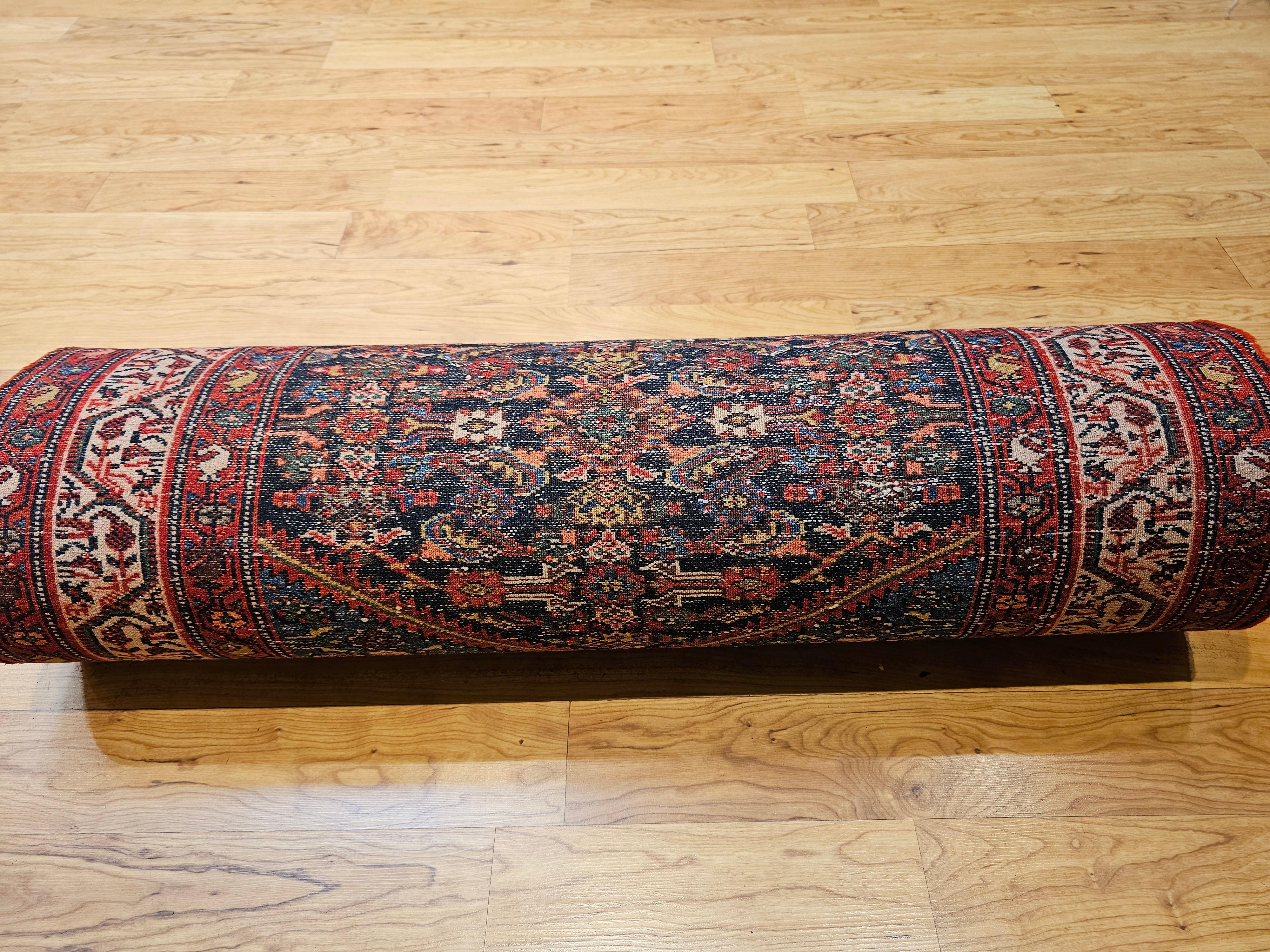 Tapis de couloir persan Malayer vintage à motif géométrique bleu marine et bleu français en vente 9