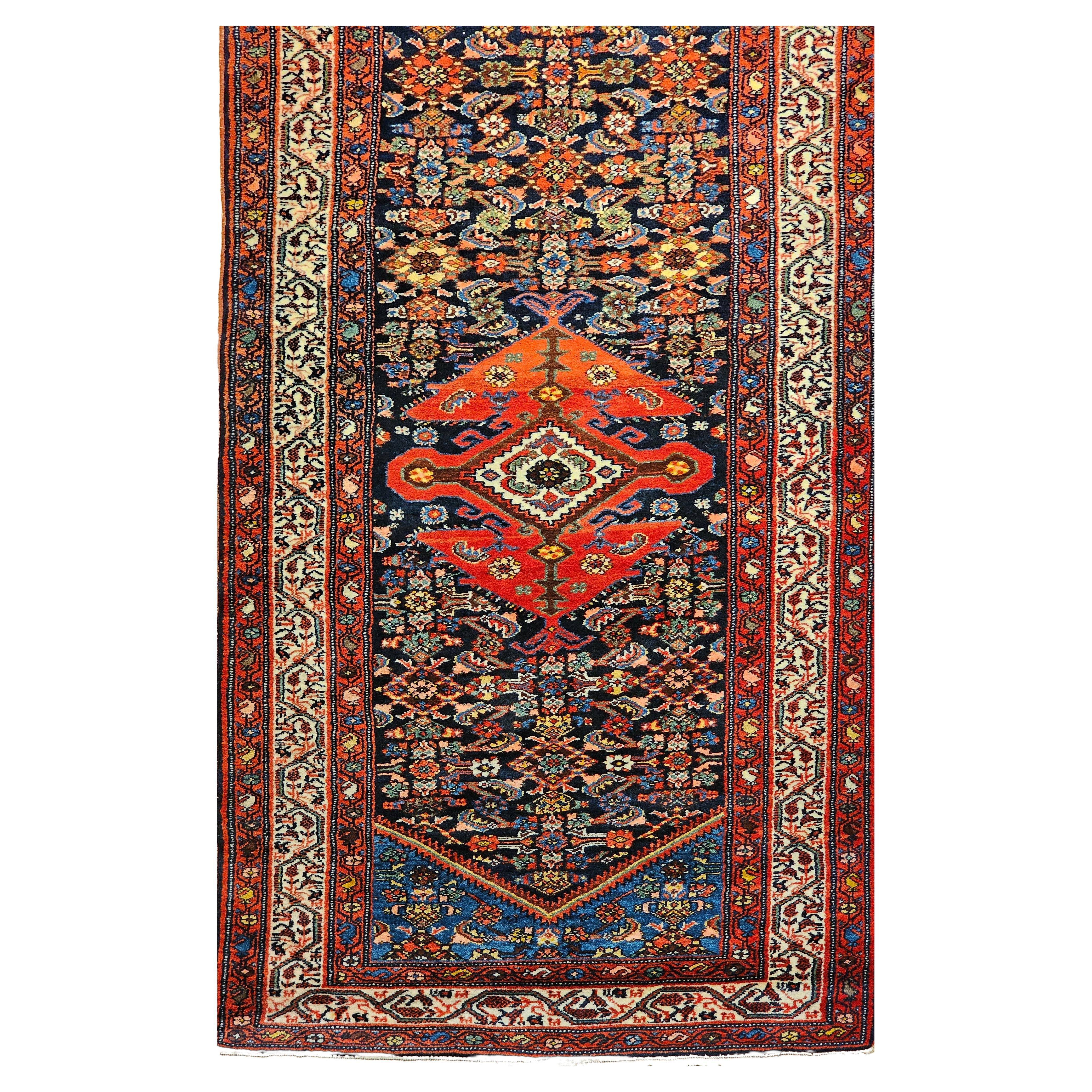 Vintage Persian Malayer Long Runner in Geometric Pattern in Navy, French Blue