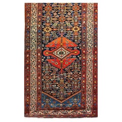 Vintage Persian Malayer Long Runner in Geometric Pattern in Navy, French Blue