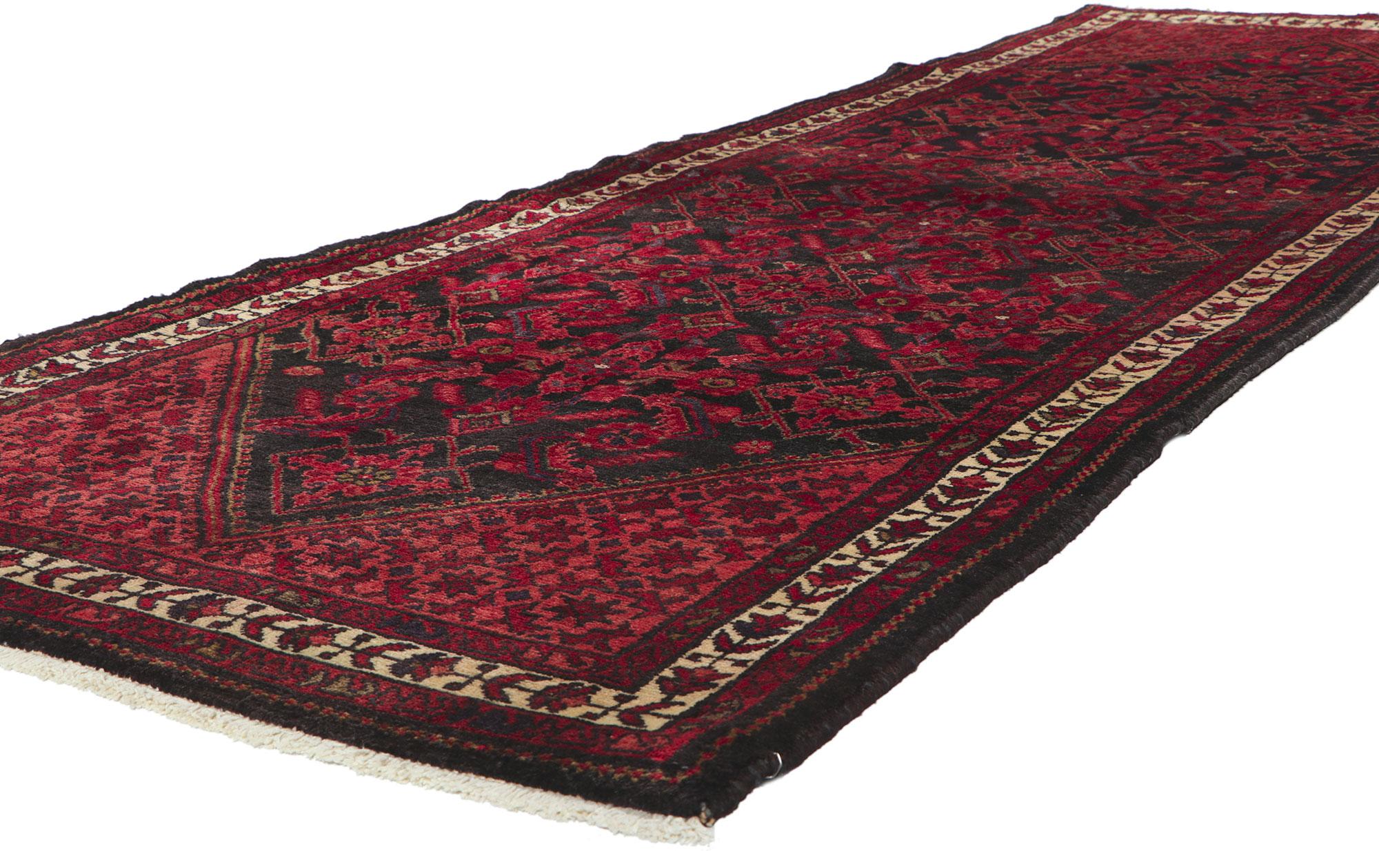 61036 Vintage Persian Malayer Rug, 03'05 x 09'08. In the shadows of design, this hand-knotted wool vintage Persian Malayer rug emerges, a brooding composition of mystery and allure. The all-over pattern, a dance of Herati motifs, unfolds on a