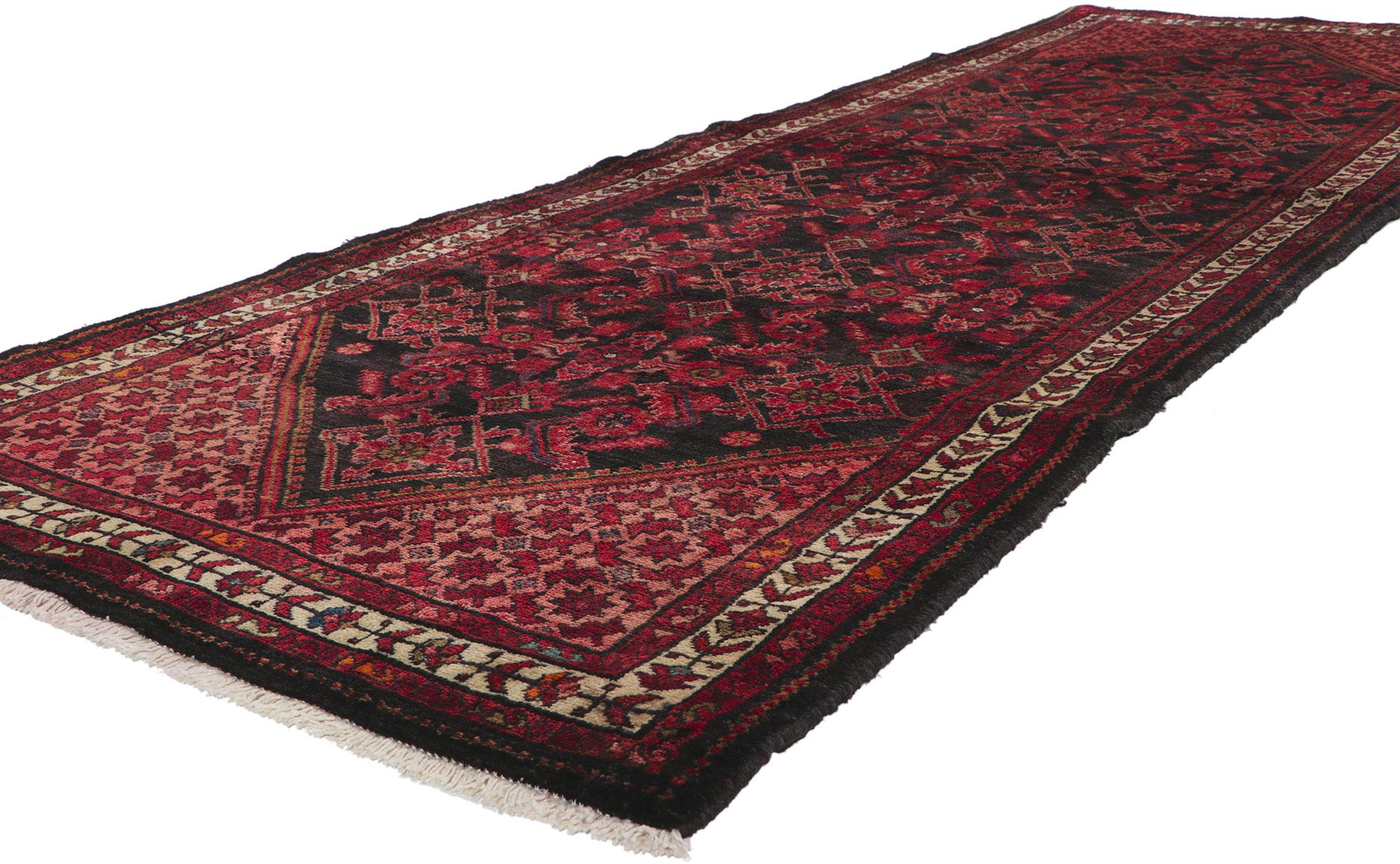 61053 Vintage Persian Malayer Rug Runner, 03'05 x 09'10. In the twilight of design, emerges this hand-knotted wool vintage Persian Malayer rug runner, a composition shrouded in mystery and allure. The all-over pattern, a ballet of Herati motifs,