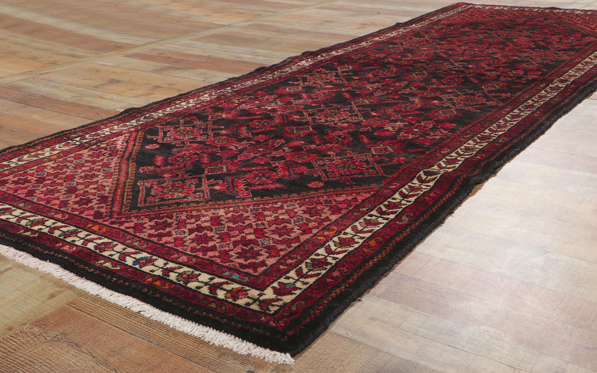 Wool Vintage Persian Malayer Rug, Beguiling Charm Meets Dark & Moody For Sale