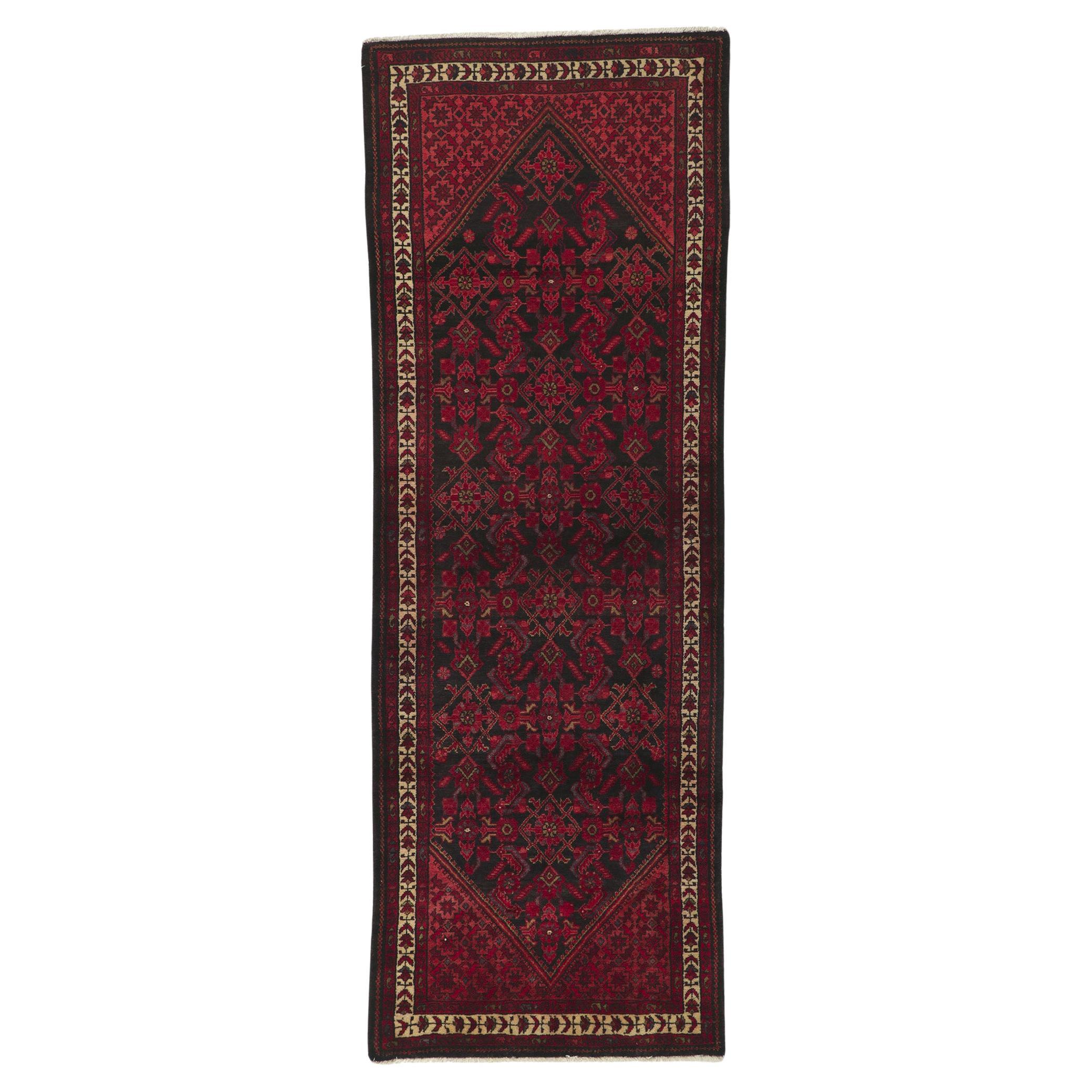 Vintage Persian Malayer Rug, Beguiling Charm Meets Dark & Moody For Sale