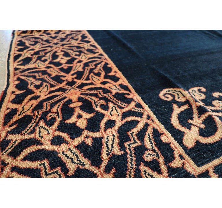 Midcentury Handmade Persian Art Deco Style Navy Blue Area Rug For Sale