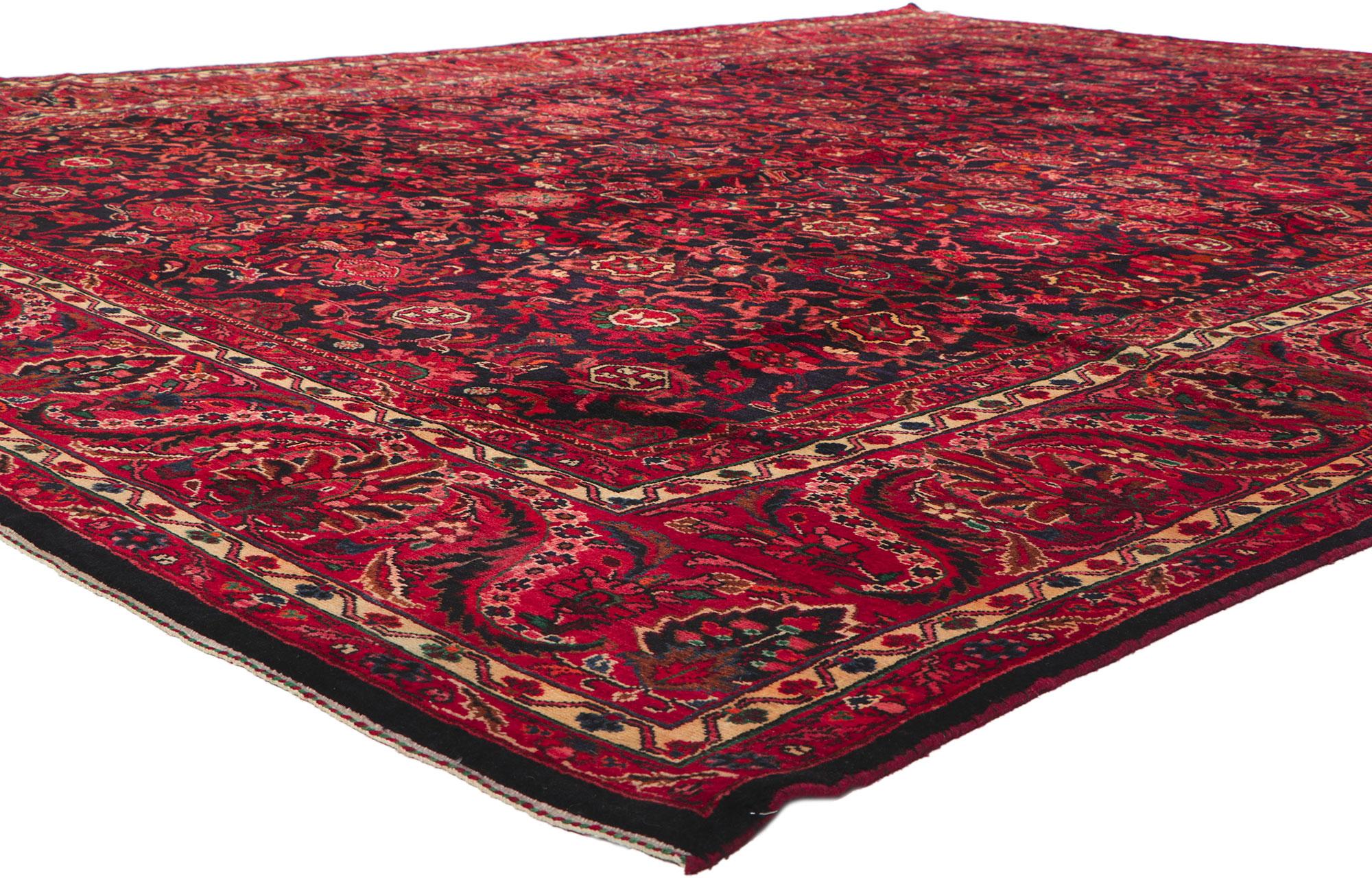 61117 Vintage Persian Malayer Rug, 11'00 x 14'03. ?Emanating a timeless design and beguiling beauty in saturated colors, this hand-knotted wool vintage Persian Malayer rug is poised to impress. An allover repeating botanical pattern spread across