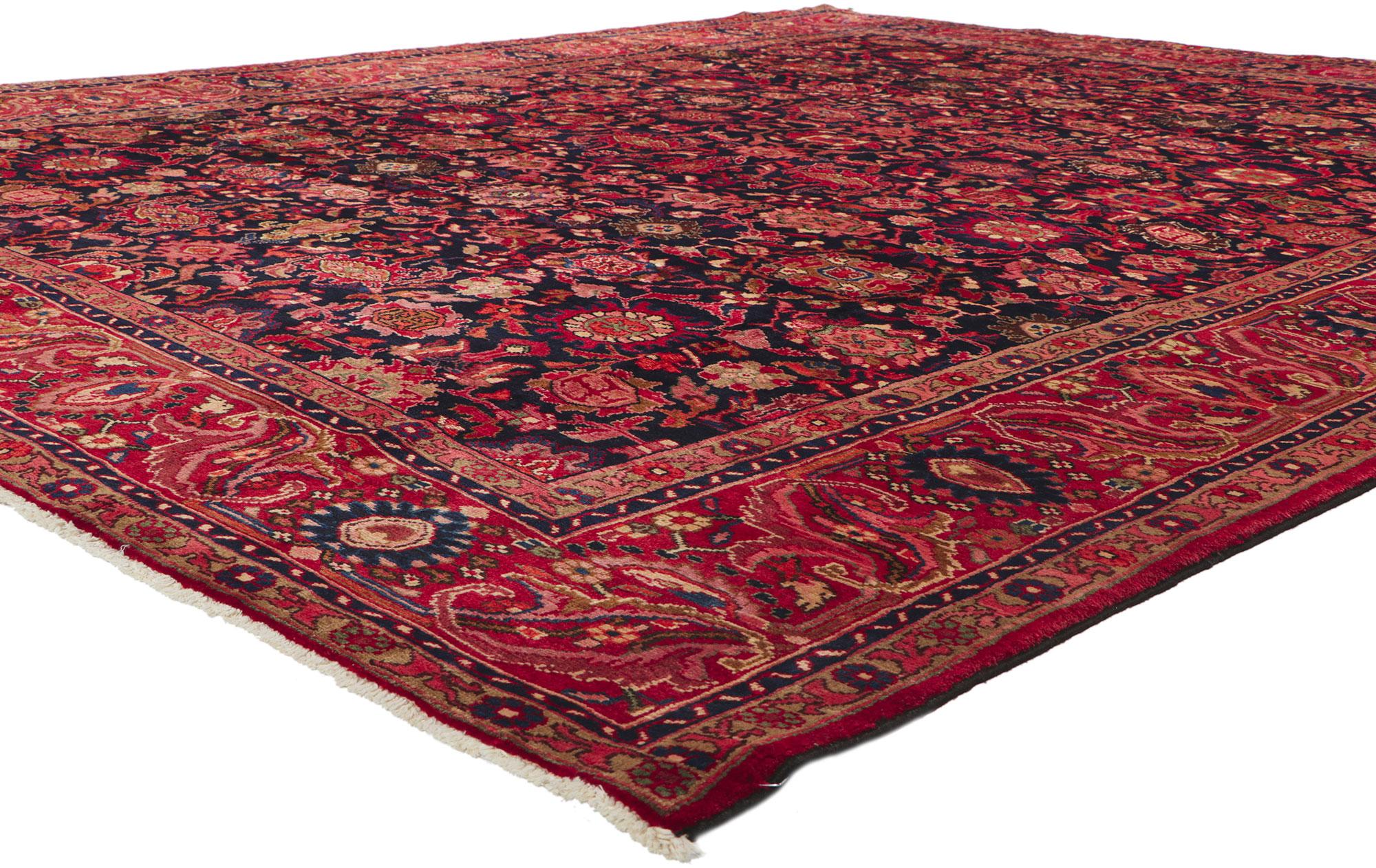 61116 Vintage Persian Malayer Rug, 09'09 x 11'11. Emanating a timeless design and beguiling beauty in saturated colors, this hand-knotted wool vintage Persian Malayer rug is poised to impress. An allover repeating botanical pattern spread across the