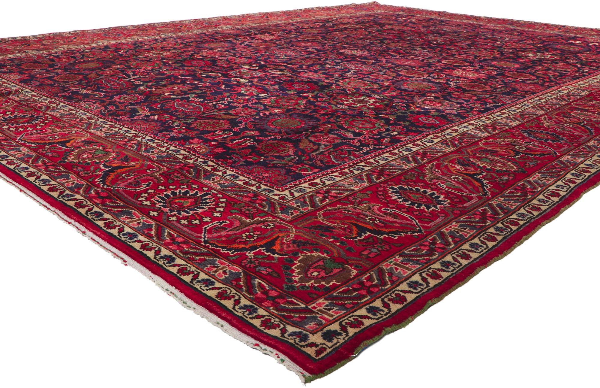 61107 Vintage Persian Malayer Rug, 10'08 x 14'03. ?Emanating a timeless design and beguiling beauty in saturated colors, this hand-knotted wool vintage Persian Malayer rug is poised to impress. An allover repeating botanical pattern spread across