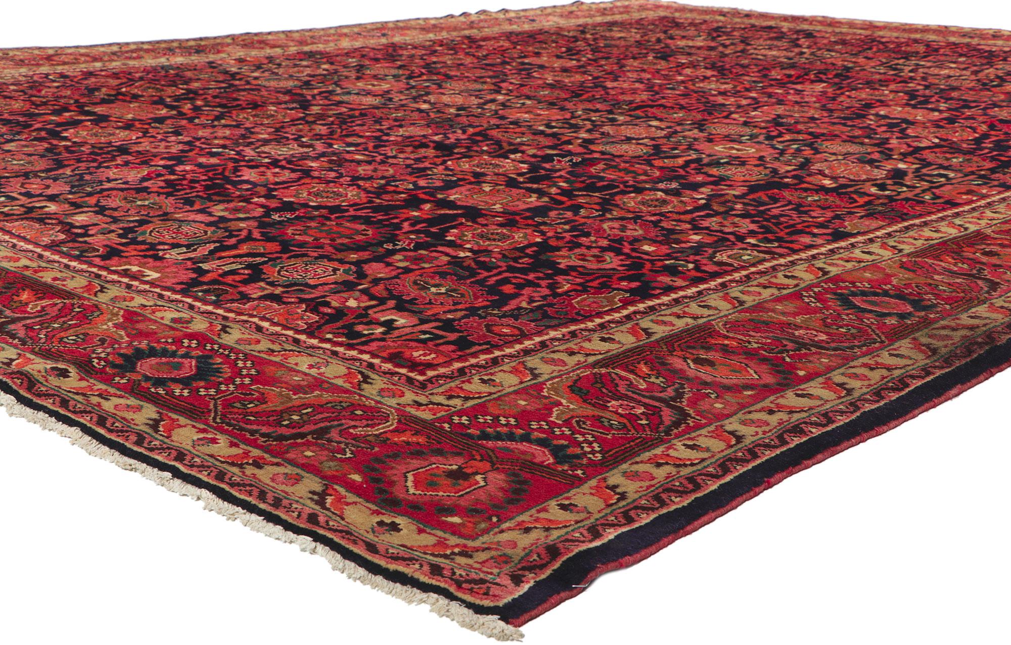 61102 Vintage Persian Malayer Rug, 10'07 x 14'01. ?Emanating a timeless design and beguiling beauty in saturated colors, this hand-knotted wool vintage Persian Malayer rug is poised to impress. An allover repeating botanical pattern spread across