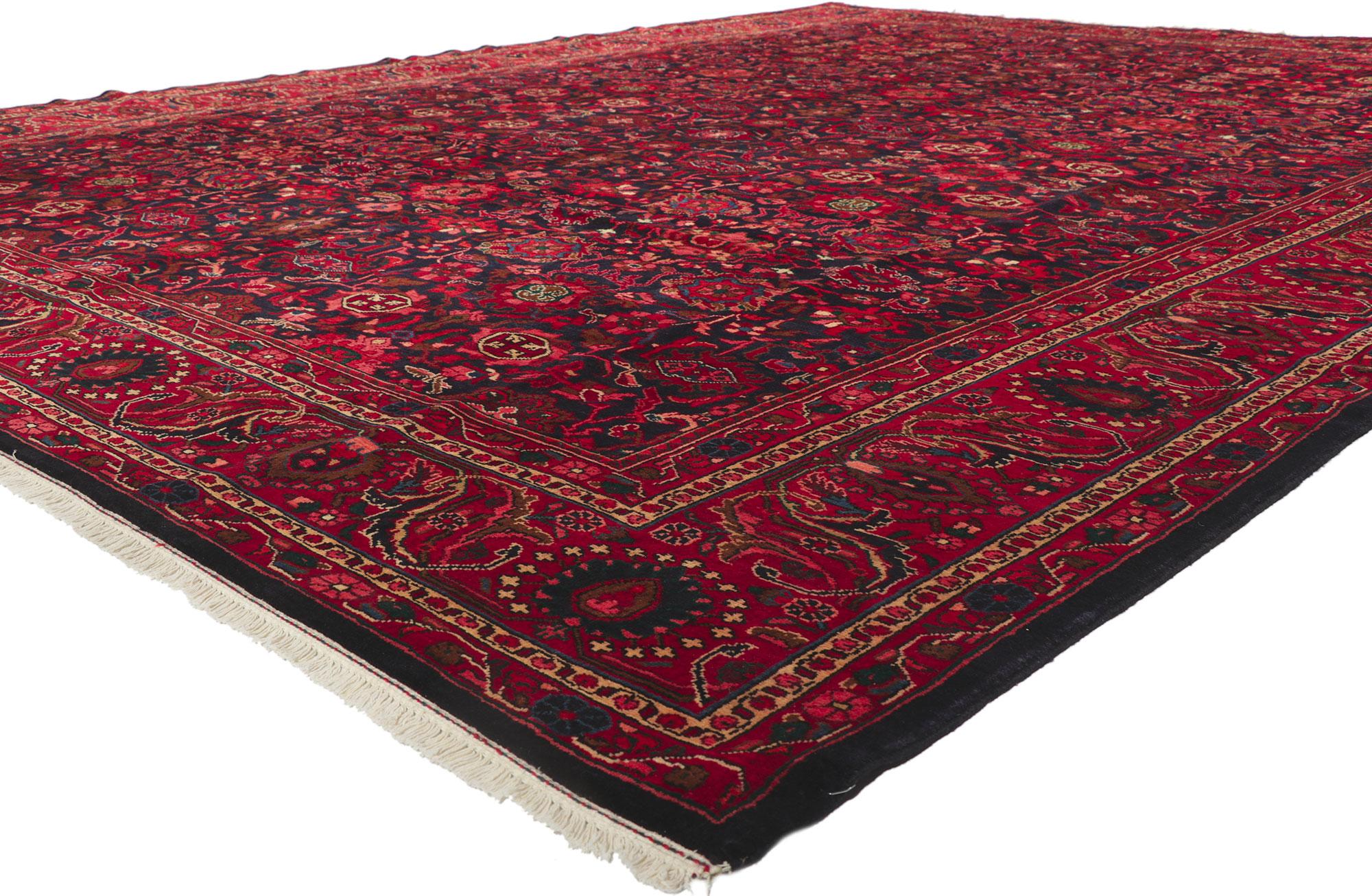 61197 Vintage Persian Malayer Rug, 11'03 x 14'06. Emanating a timeless design and beguiling beauty in saturated colors, this hand-knotted wool vintage Persian Malayer rug is poised to impress. An allover repeating botanical pattern spread across the